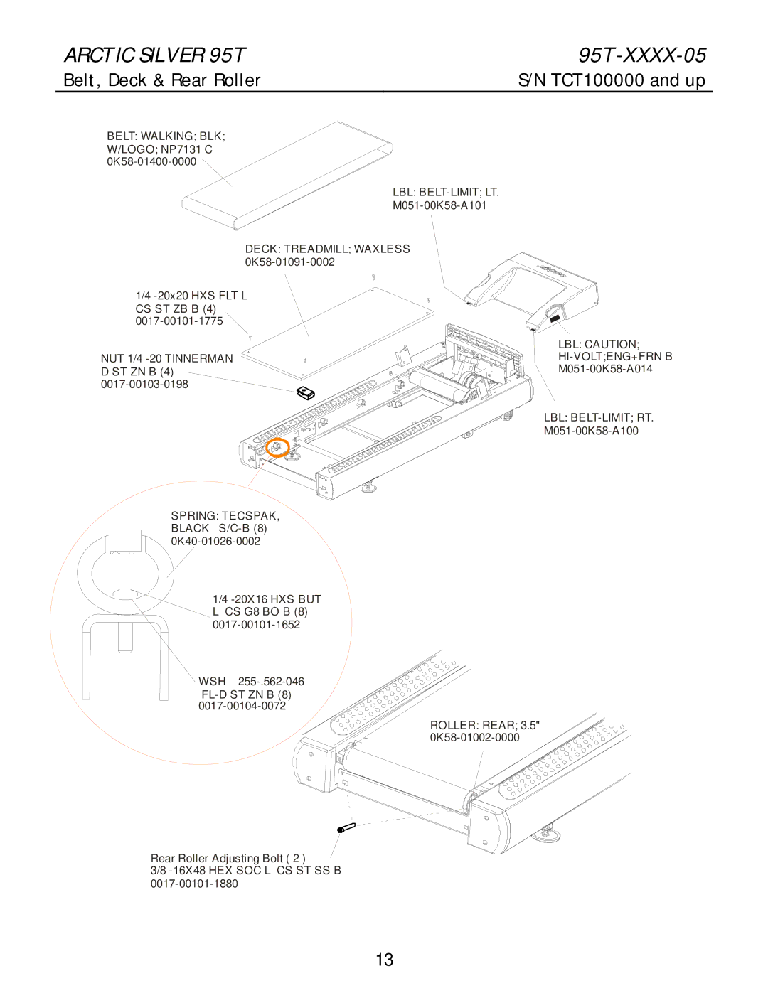 Life Fitness 95T-XXXX-05 manual Belt, Deck & Rear Roller, LBL Caution HI-VOLTENG+FRN B M051-00K58-A014 