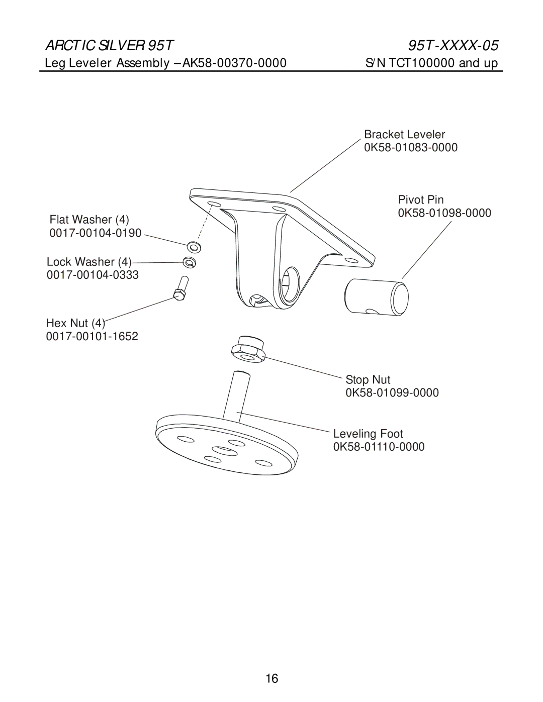 Life Fitness 95T-XXXX-05 manual Leg Leveler Assembly AK58-00370-0000 TCT100000 and up 