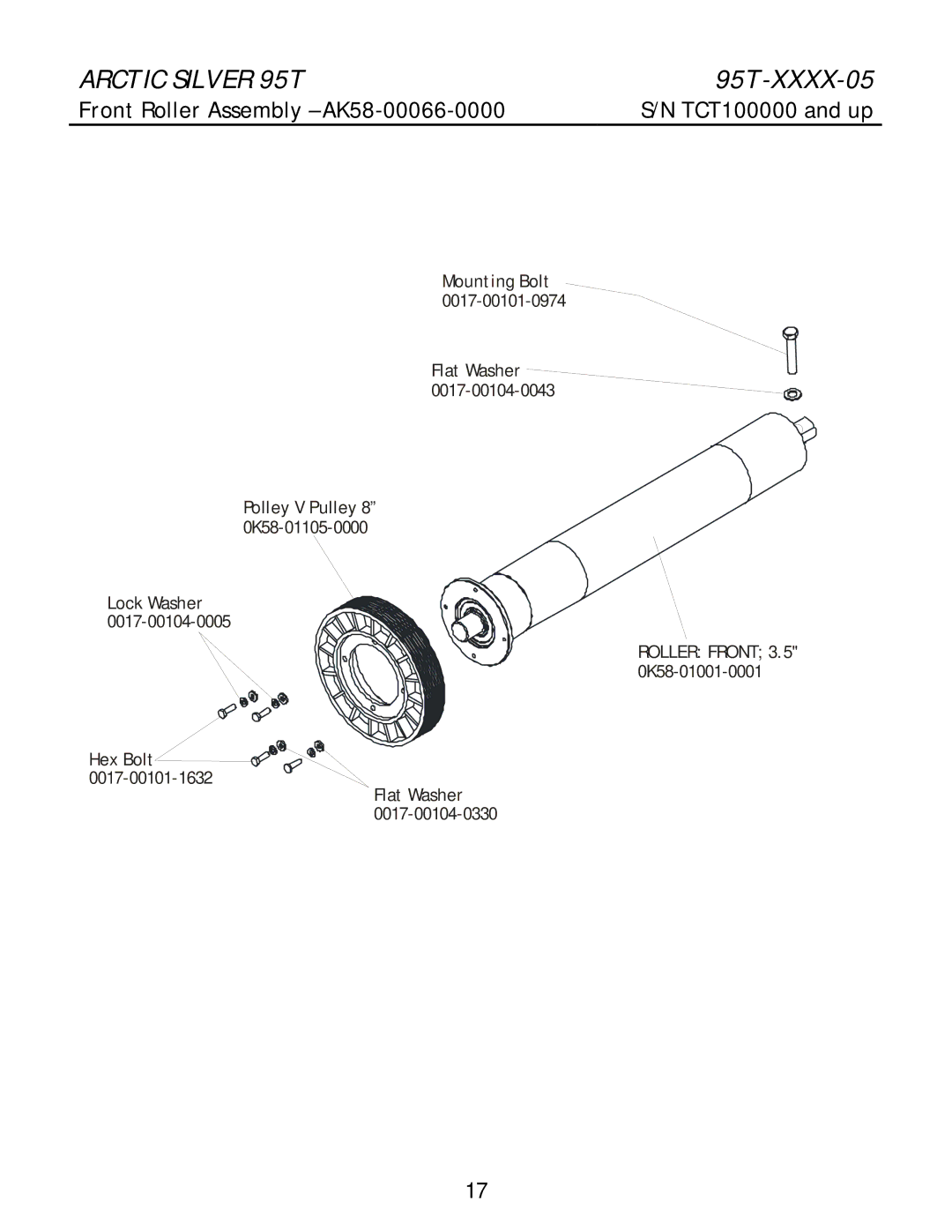 Life Fitness 95T-XXXX-05 manual Front Roller Assembly AK58-00066-0000 TCT100000 and up 