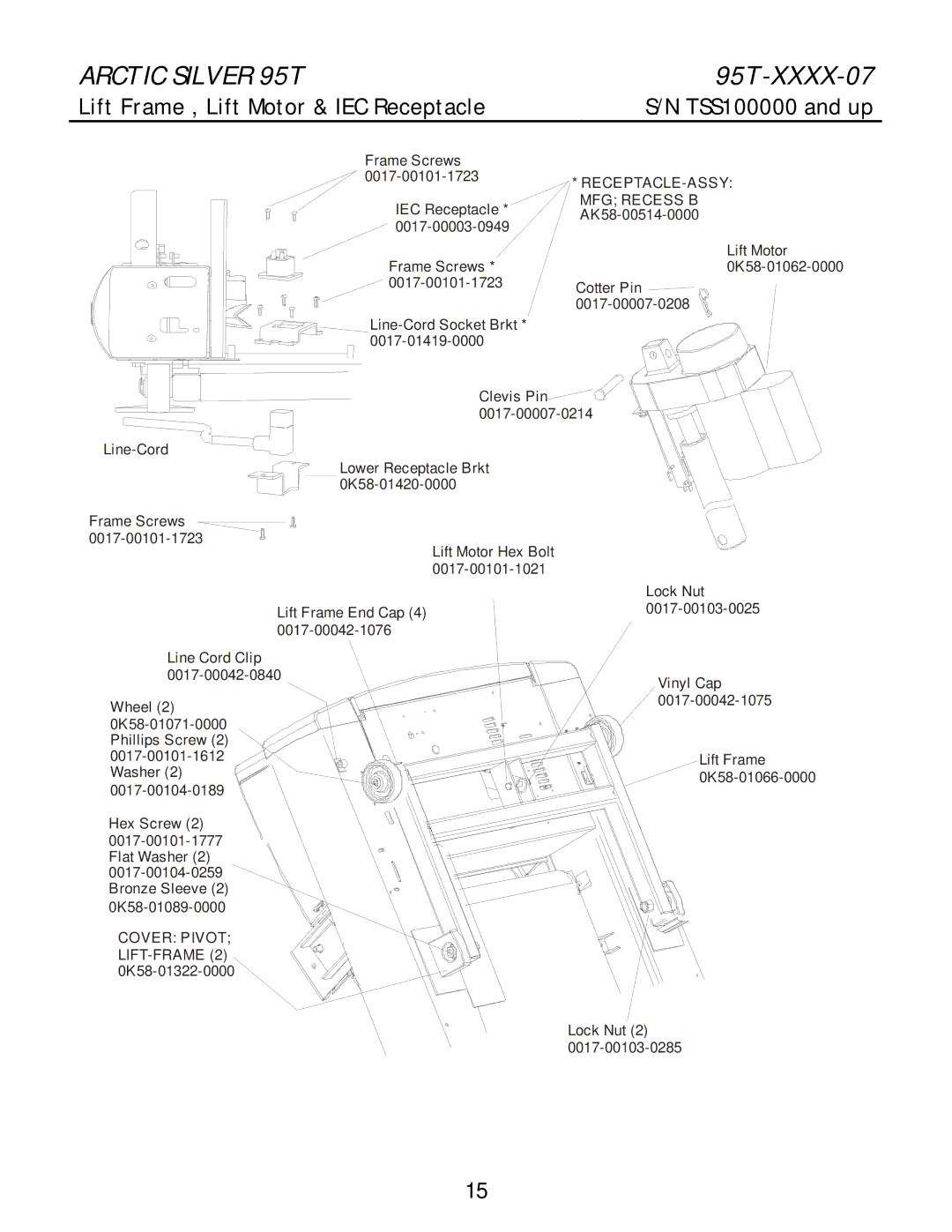 Life Fitness 95T-XXXX-07 manual Lift Frame , Lift Motor & IEC Receptacle 