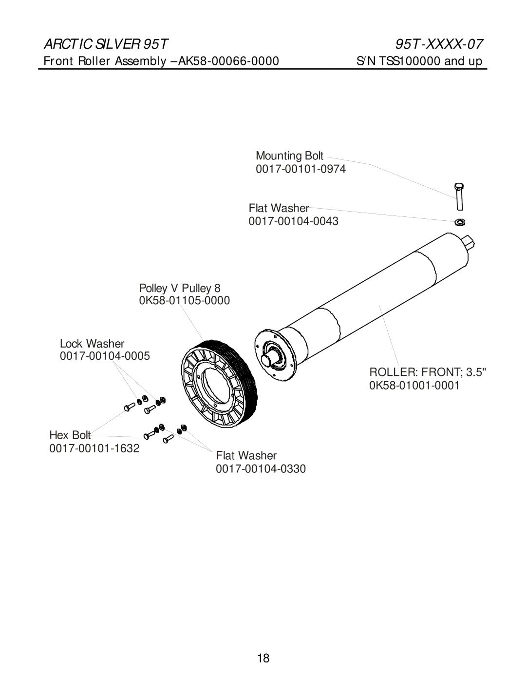 Life Fitness 95T-XXXX-07 manual Front Roller Assembly AK58-00066-0000 TSS100000 and up 