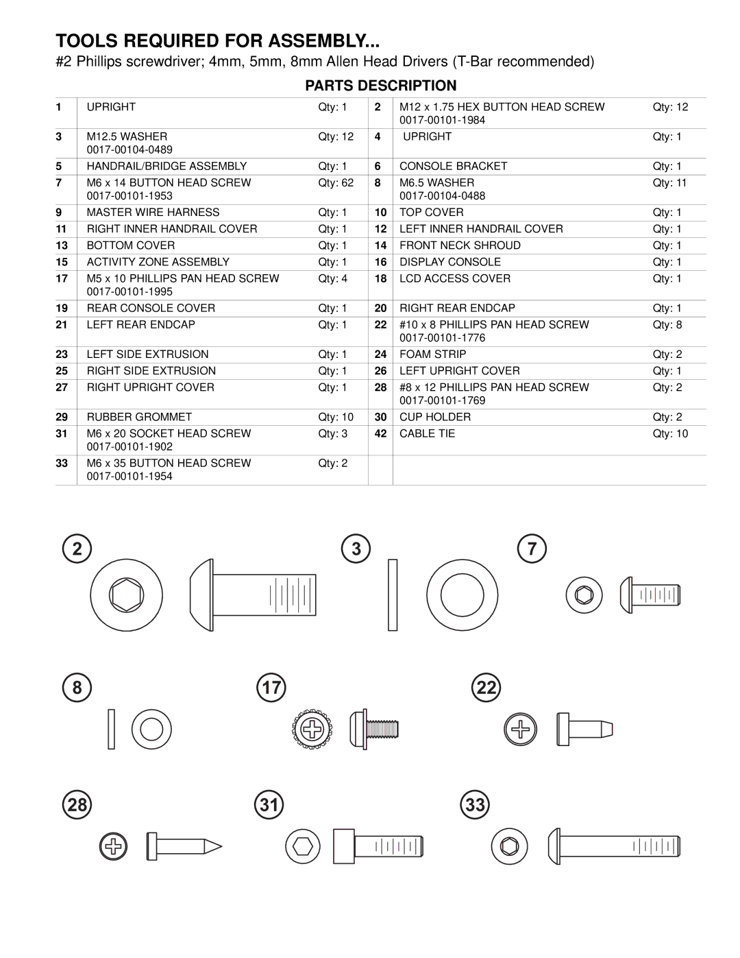 Life Fitness 95T manual Tools Required for Assembly, Parts Description 