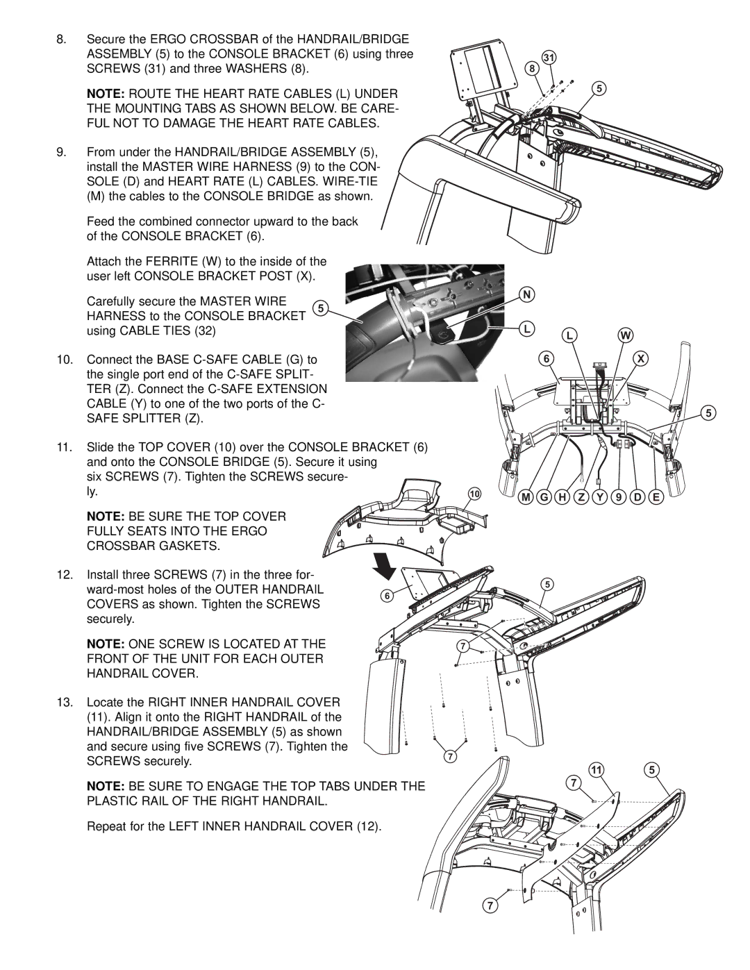 Life Fitness 95T manual Safe Splitter Z, Fully Seats Into the Ergo Crossbar Gaskets, Plastic Rail of the Right Handrail 