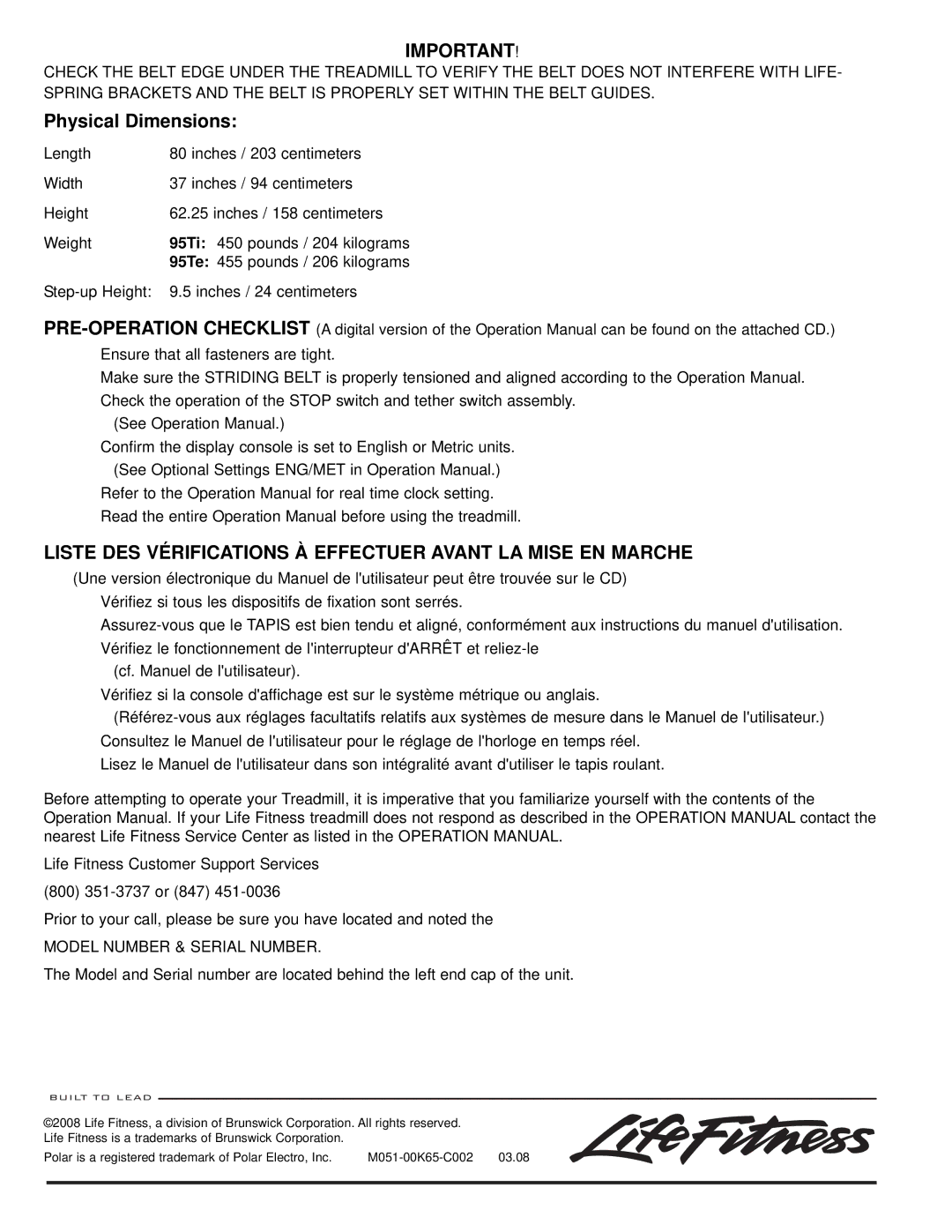 Life Fitness 95T manual Liste DES Vérifications À Effectuer Avant LA Mise EN Marche, Model Number & Serial Number 