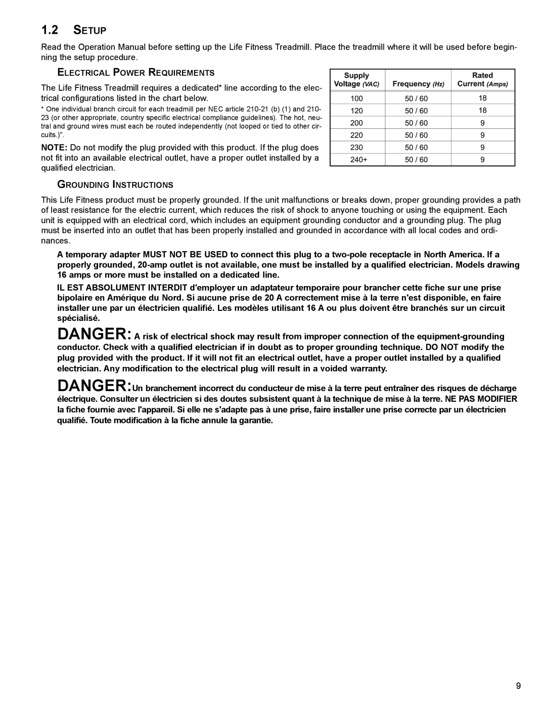 Life Fitness 95T operation manual Setup, Electrical Power Requirements, Grounding Instructions 