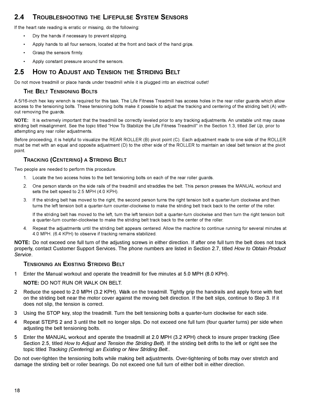 Life Fitness 95T operation manual Troubleshooting the Lifepulse System Sensors, HOW to Adjust and Tension the Striding Belt 