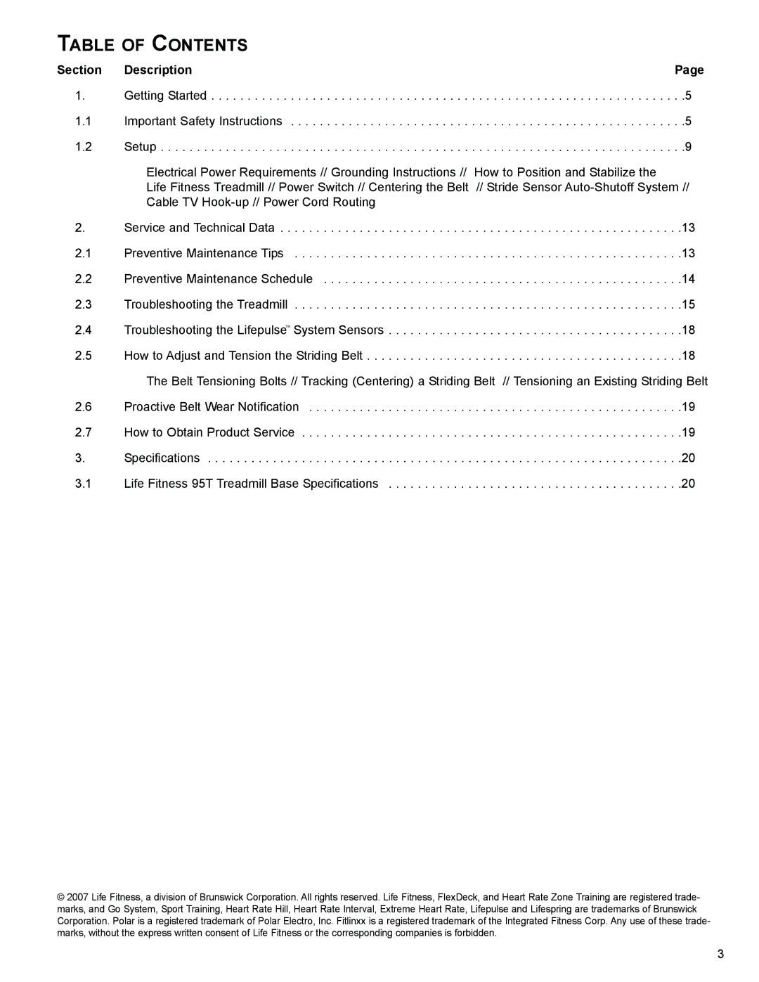 Life Fitness 95T operation manual Table of Contents 