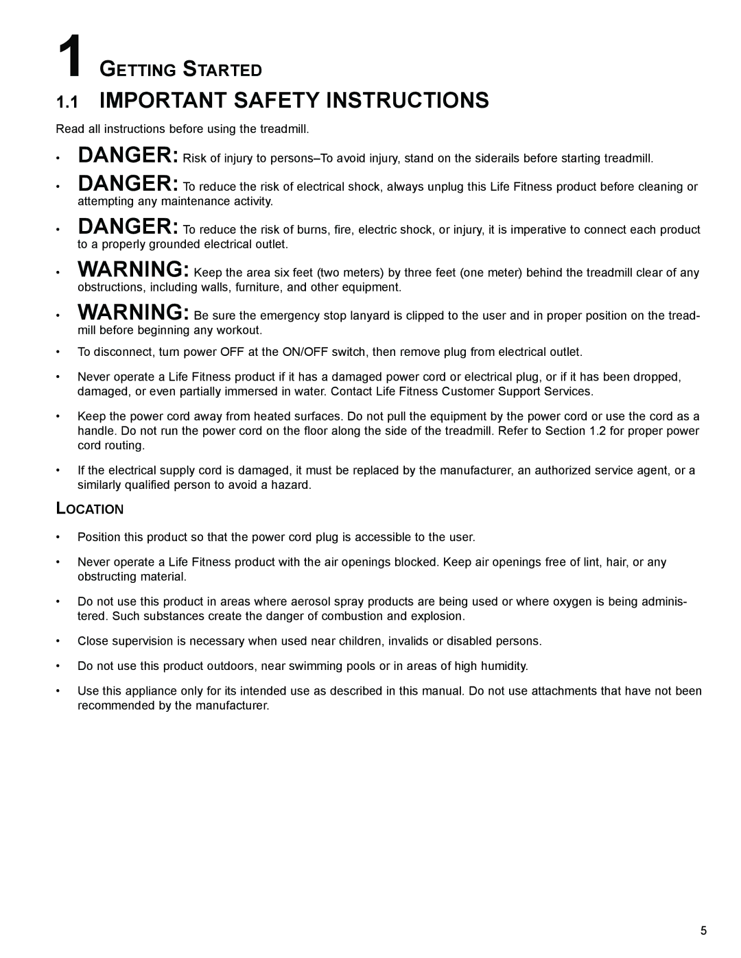 Life Fitness 95T operation manual Important Safety Instructions, Location 