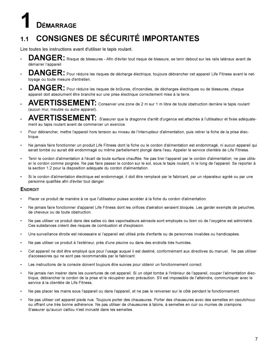 Life Fitness 95T operation manual Consignes DE Sécurité Importantes, Endroit 