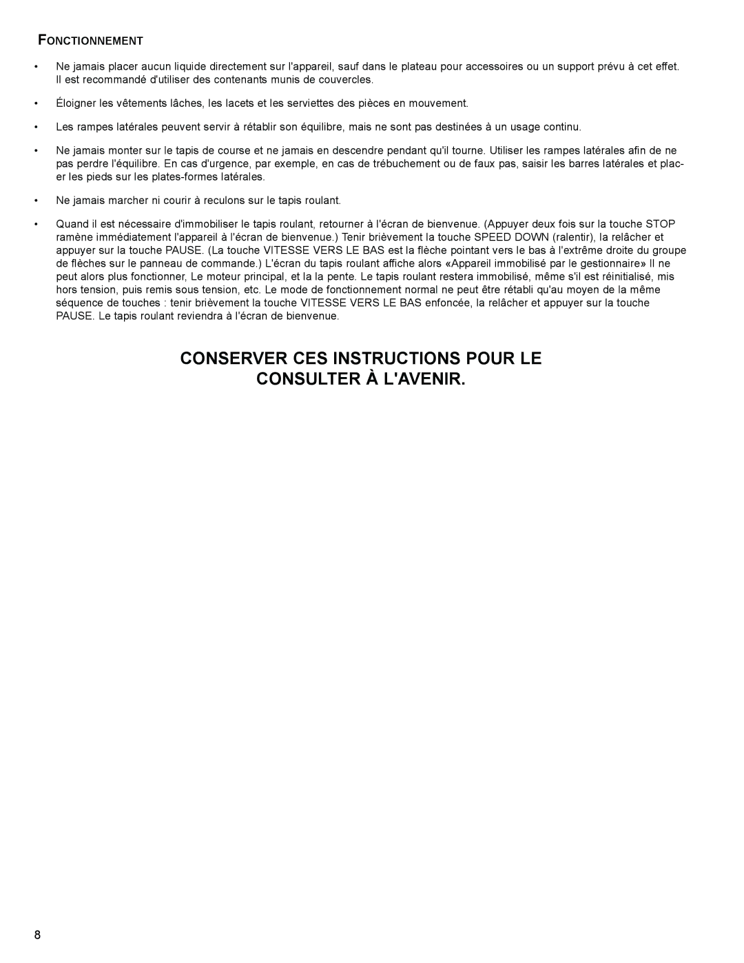 Life Fitness 95T operation manual Conserver CES Instructions Pour LE Consulter À Lavenir, Fonctionnement 