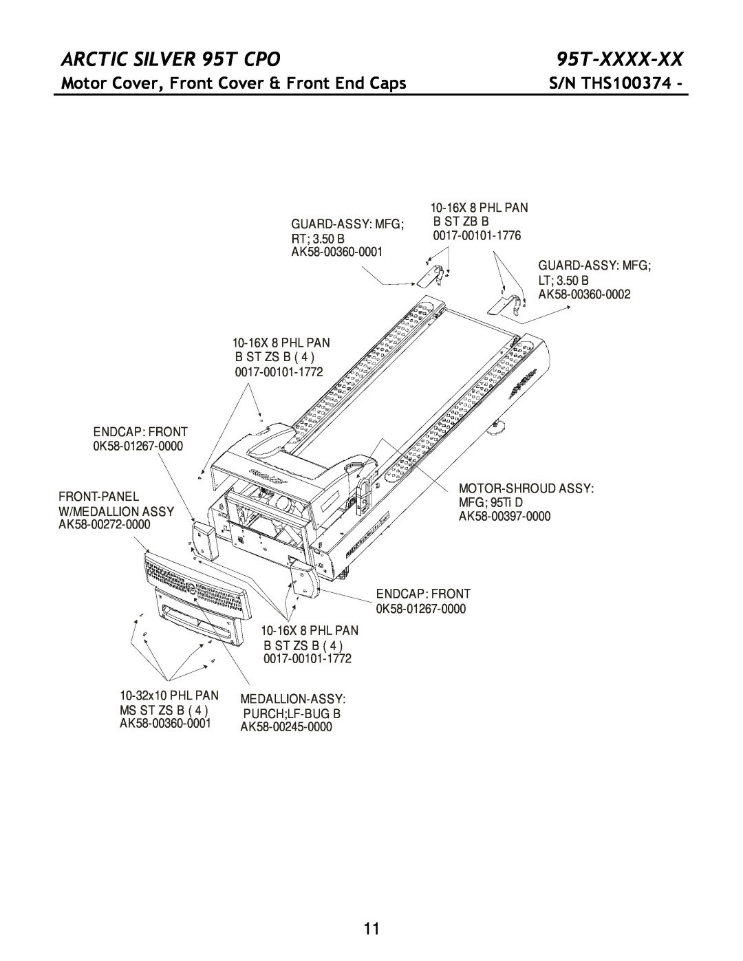 Life Fitness manual Motor Cover, Front Cover & Front End Caps, ARCTIC SILVER 95T CPO, 95T-XXXX-XX, S/N THS100374 