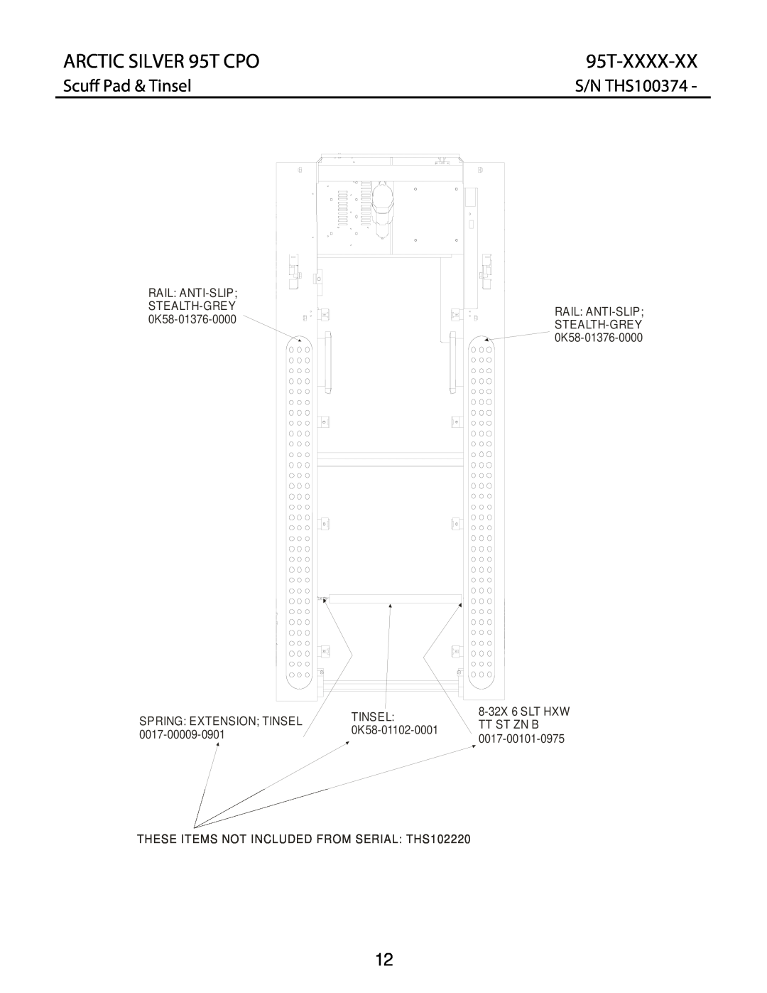 Life Fitness manual 95T-XXXX-XX, Scu Pad & Tinsel, ARCTIC SILVER 95T CPO, S/N THS100374, Rail Anti-Slip, Stealth-Grey 