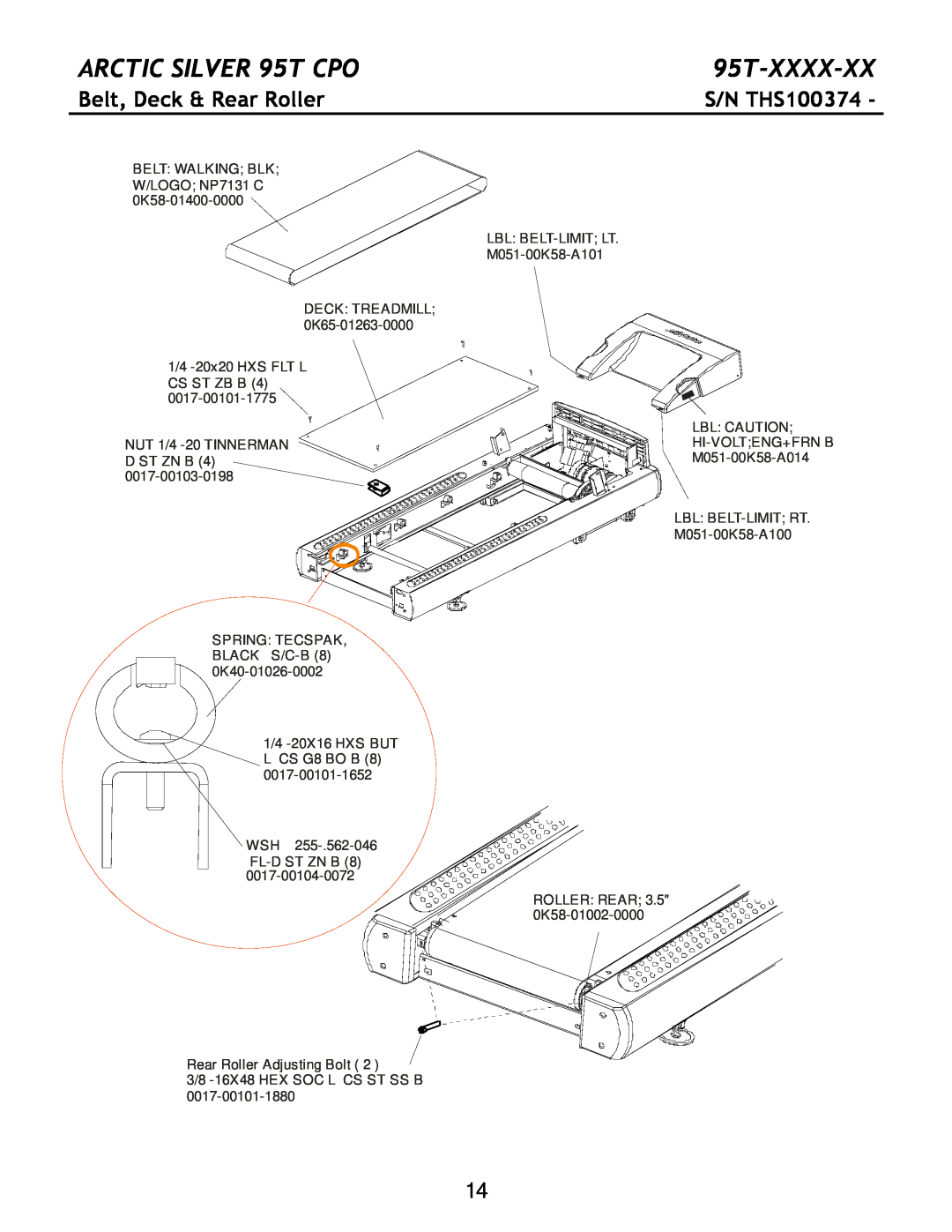 Life Fitness manual Belt, Deck & Rear Roller, S/N THS100374, ARCTIC SILVER 95T CPO, 95T-XXXX-XX 