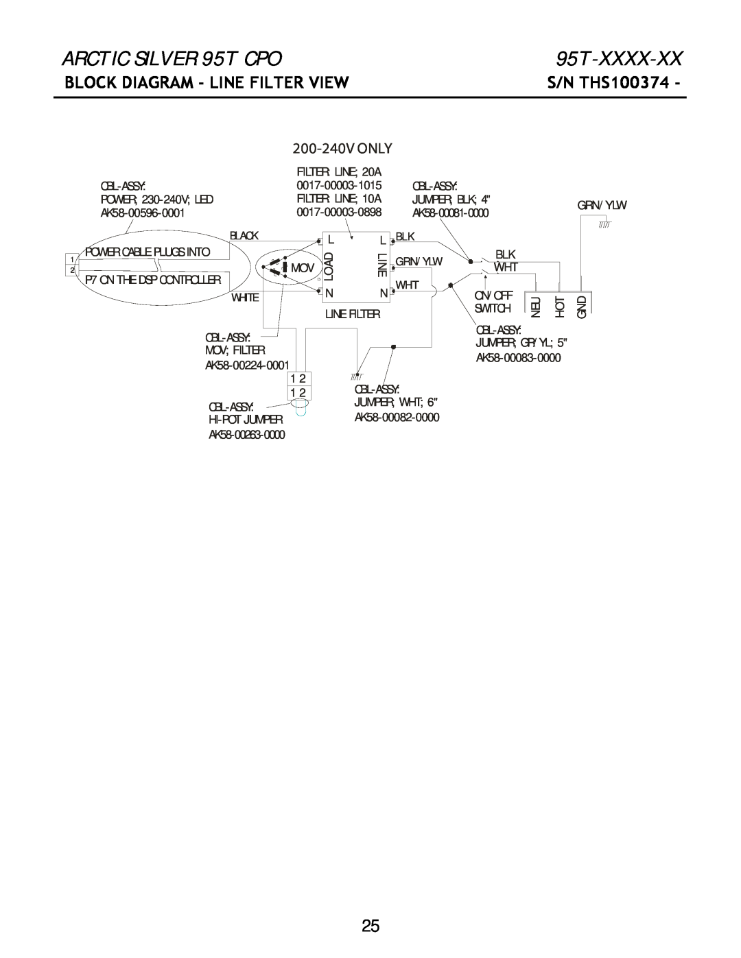 Life Fitness manual Block Diagram - Line Filter View, ARCTIC SILVER 95T CPO, 95T-XXXX-XX, S/N THS100374, 200-240V ONLY 