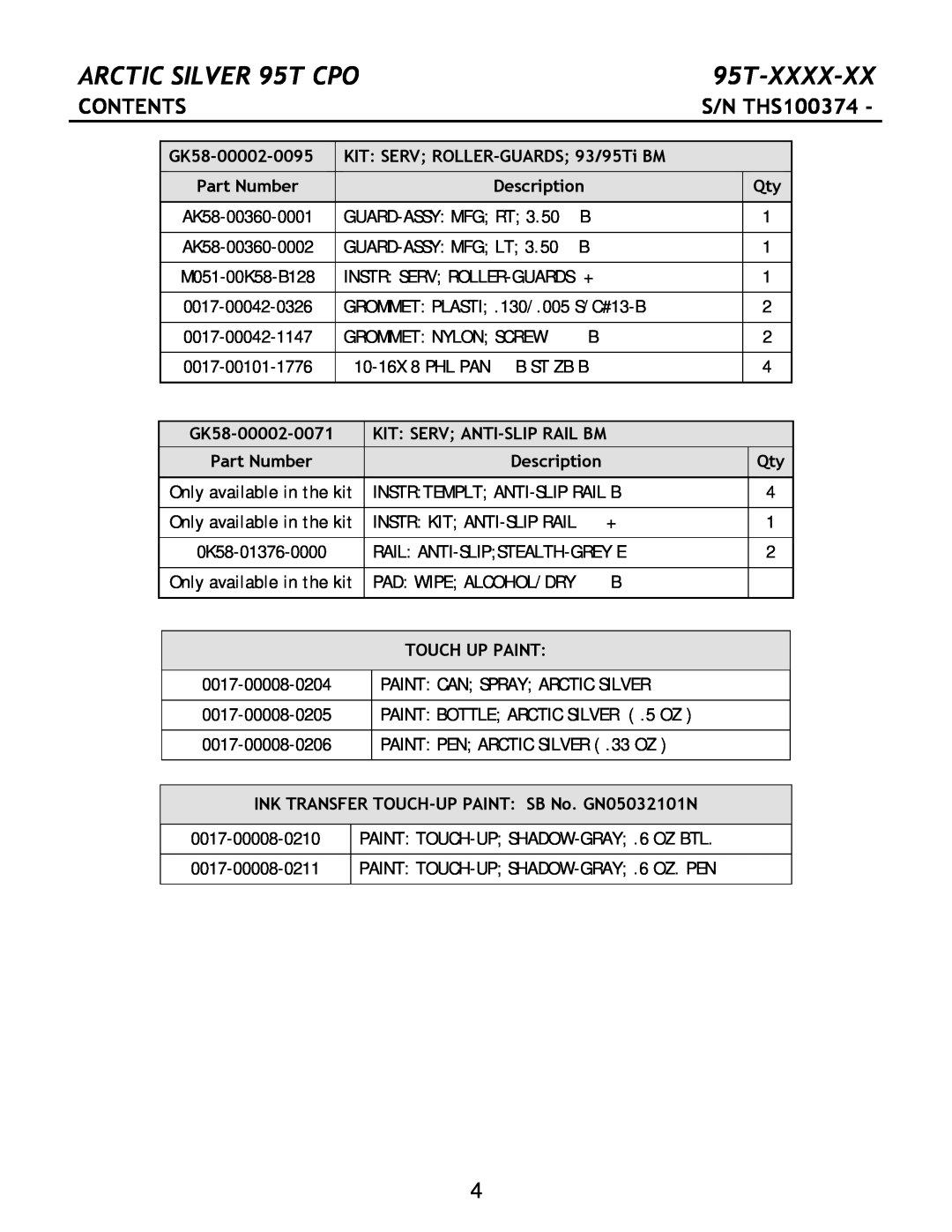 Life Fitness Contents, ARCTIC SILVER 95T CPO, 95T-XXXX-XX, S/N THS100374, GK58-00002-0095, Part Number, Description 