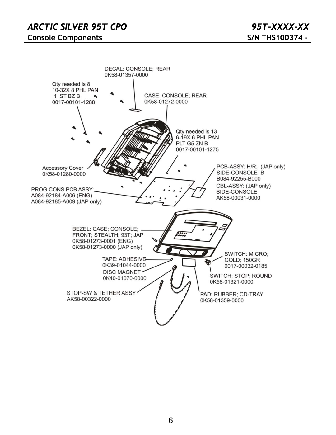 Life Fitness manual Console Components, ARCTIC SILVER 95T CPO, 95T-XXXX-XX, S/N THS100374 