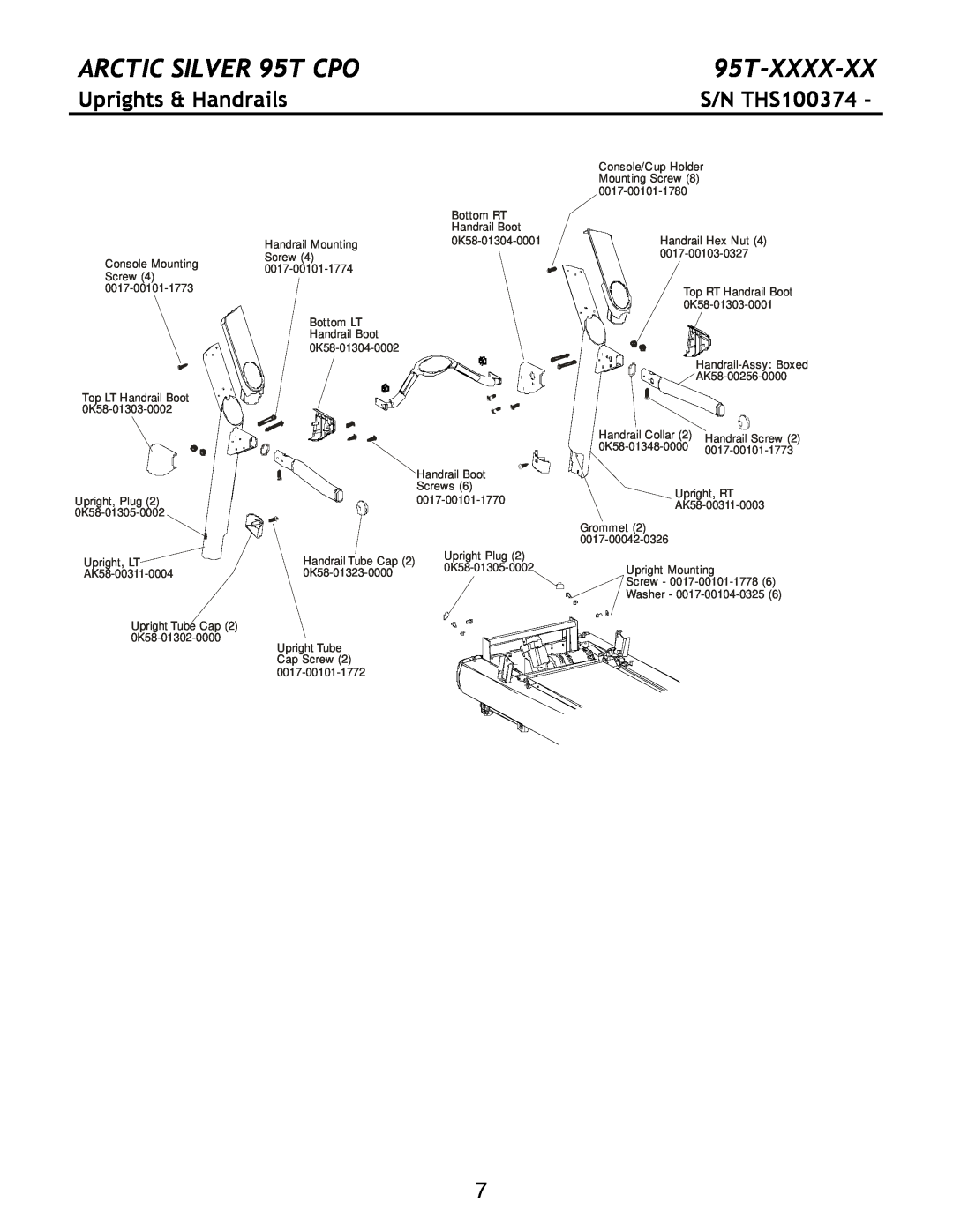 Life Fitness manual Uprights & Handrails, ARCTIC SILVER 95T CPO, 95T-XXXX-XX, S/N THS100374, 0017-00101-1773 
