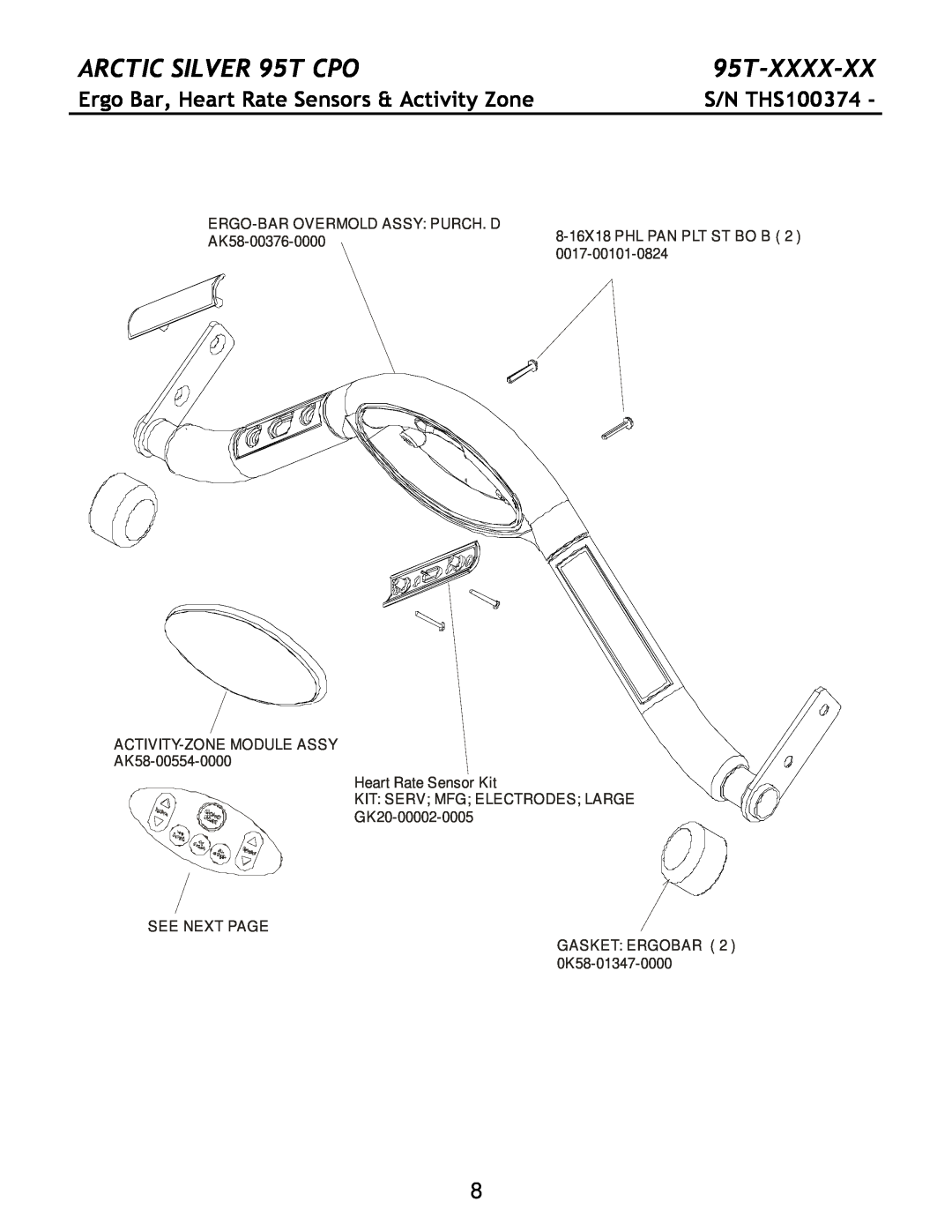 Life Fitness manual Ergo Bar, Heart Rate Sensors & Activity Zone, ARCTIC SILVER 95T CPO, 95T-XXXX-XX, S/N THS100374 