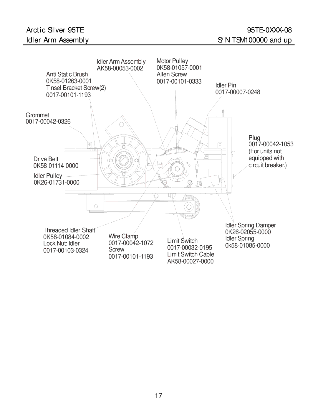 Life Fitness manual Arctic Silver 95TE 95TE-0XXX-08 Idler Arm Assembly, Idler Pin 0017-00007-0248 Plug 