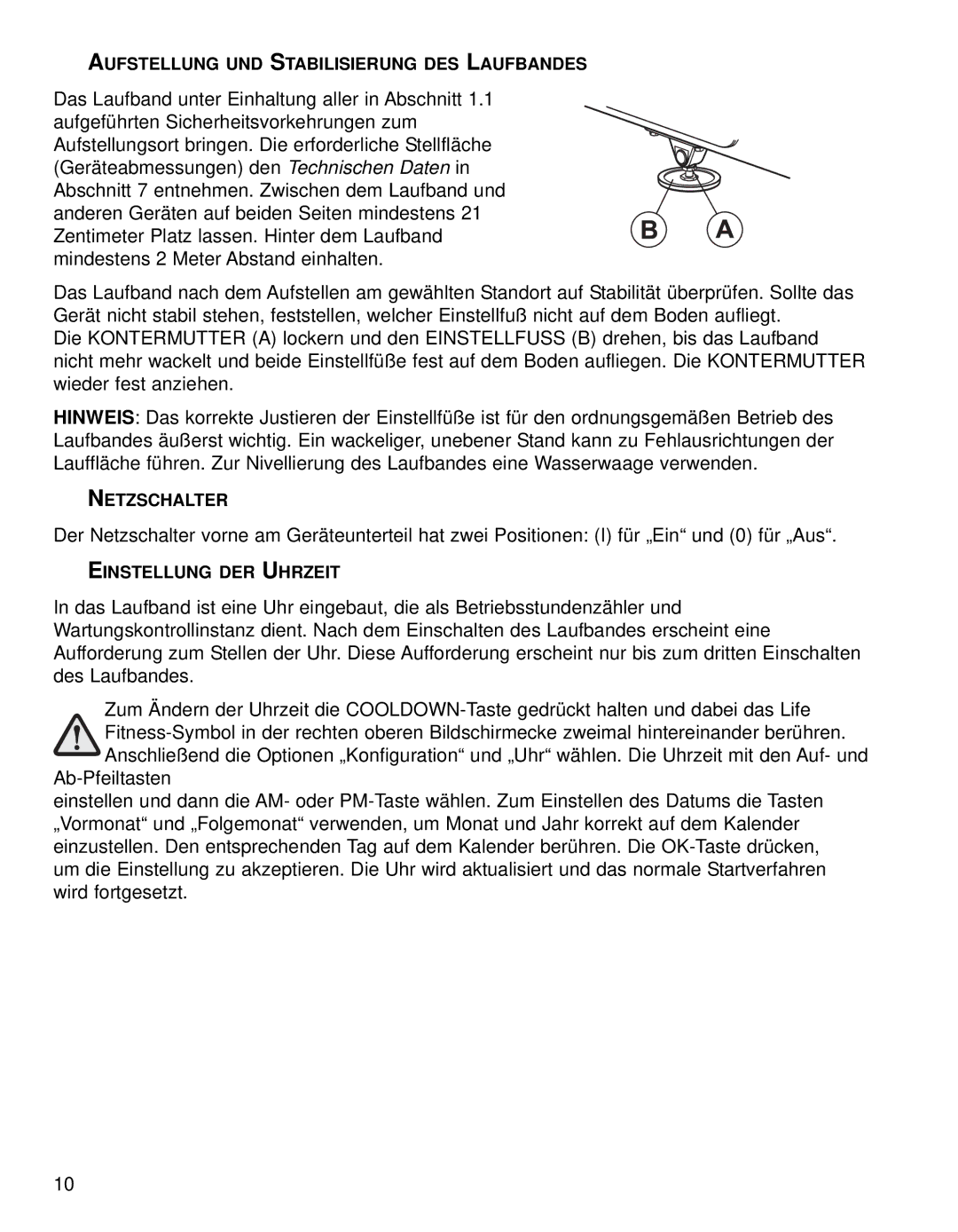 Life Fitness 95TE manual Aufstellung UND Stabilisierung DES Laufbandes, Netzschalter, Einstellung DER Uhrzeit 