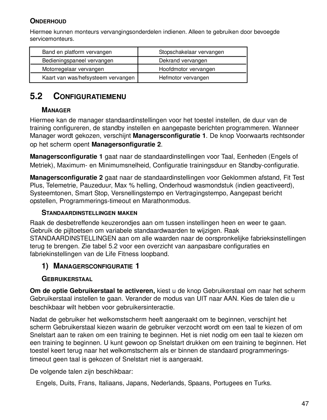 Life Fitness 95TE manual Configuratiemenu, Managersconfiguratie 