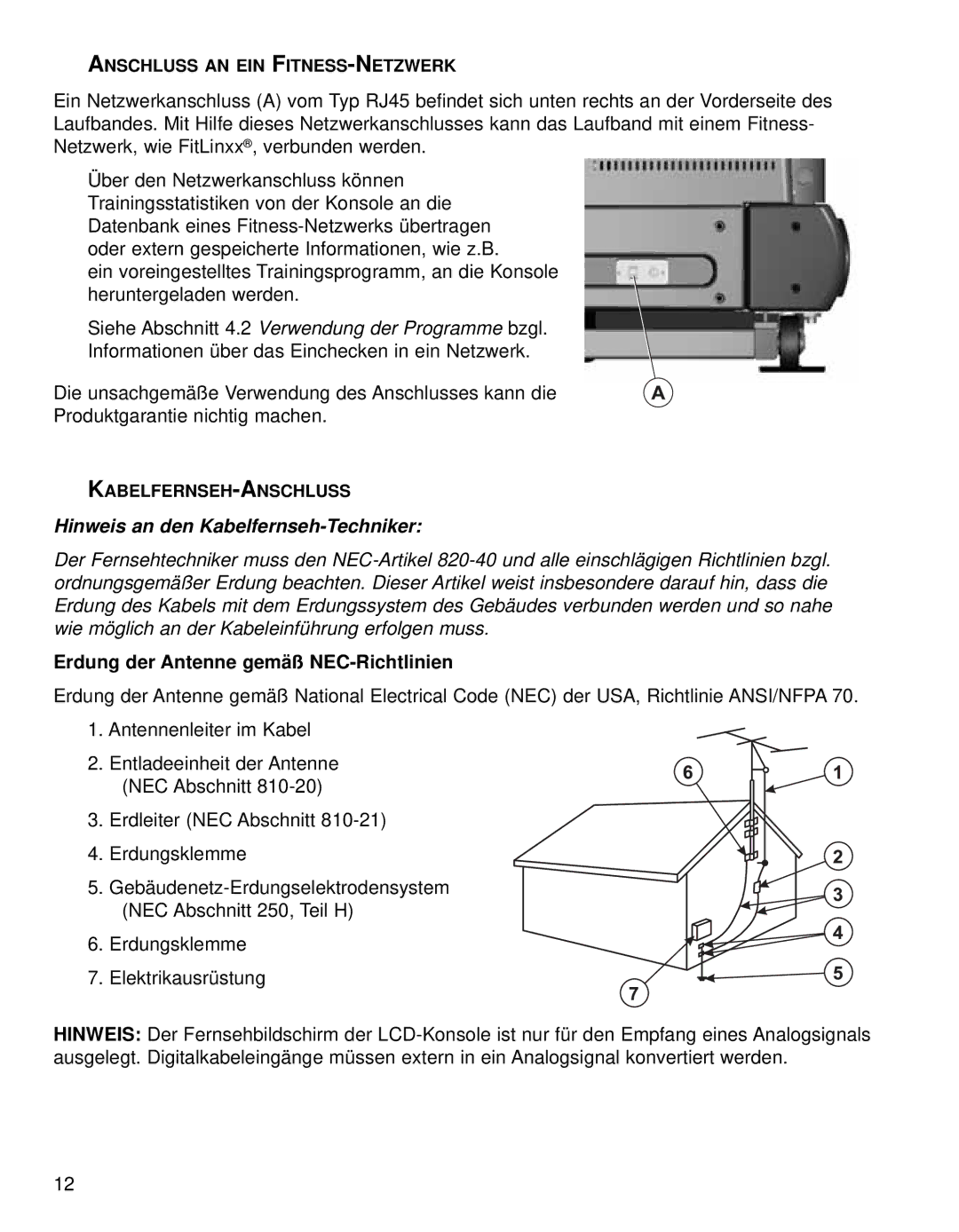 Life Fitness 95TE manual Anschluss AN EIN FITNESS-NETZWERK, Kabelfernseh-Anschluss 