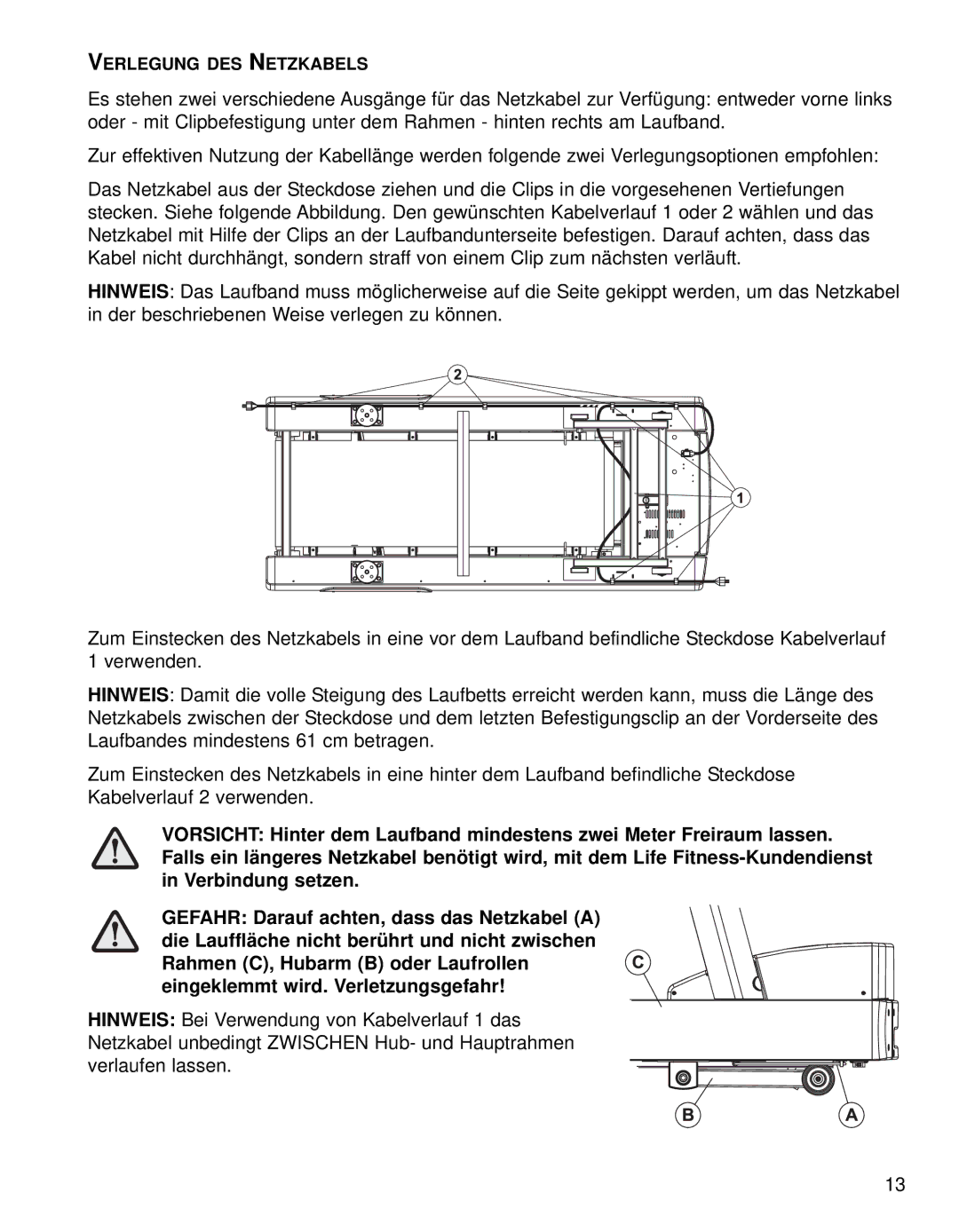 Life Fitness 95TE manual Verlegung DES Netzkabels 