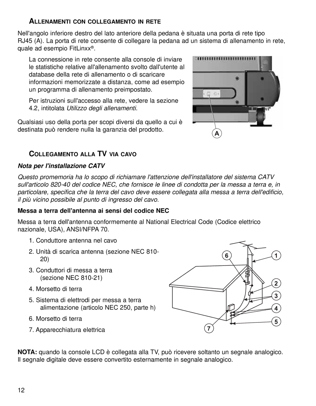 Life Fitness 95TE manual Allenamenti CON Collegamento in Rete, Collegamento Alla TV VIA Cavo 