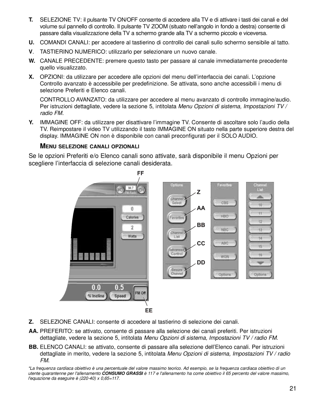 Life Fitness 95TE manual Menu Selezione Canali Opzionali 