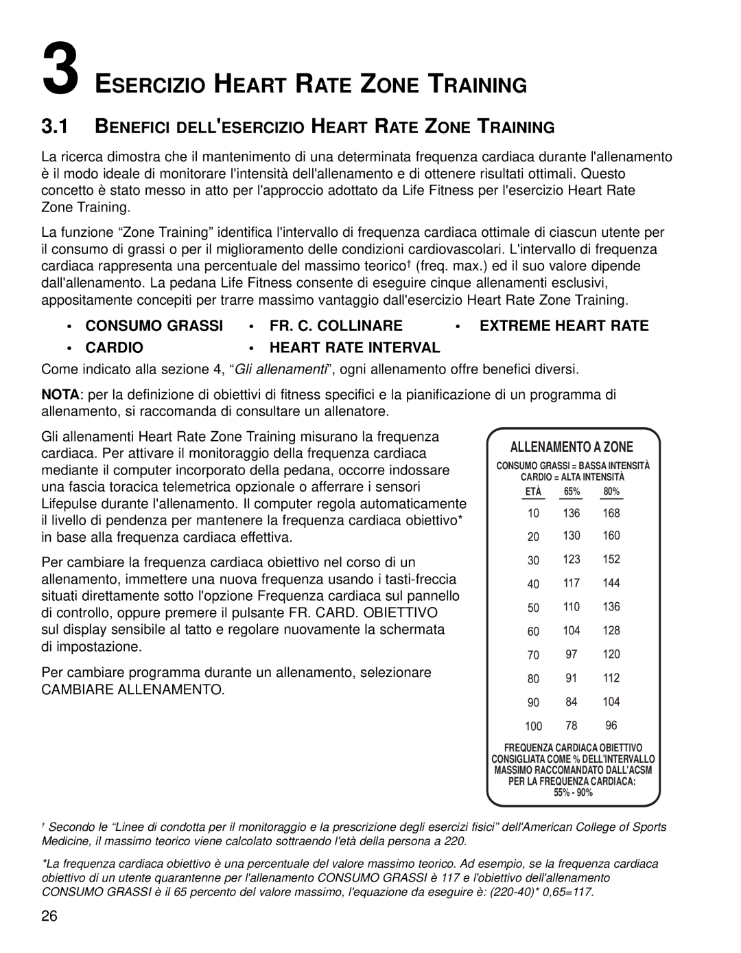 Life Fitness 95TE manual Esercizio Heart Rate Zone Training, Benefici Dellesercizio Heart Rate Zone Training 