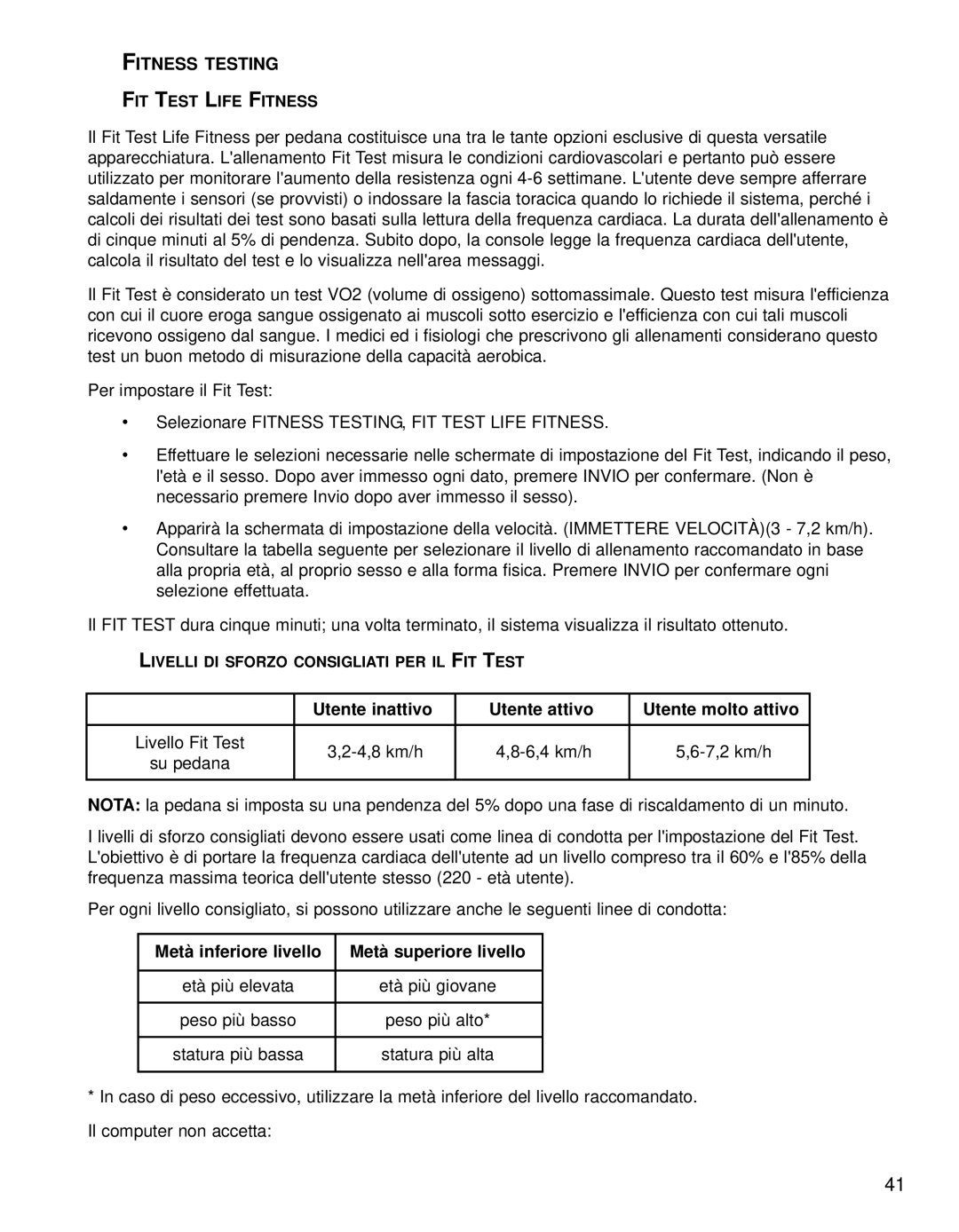 Life Fitness 95TE manual Fitness Testing, FIT Test Life Fitness 