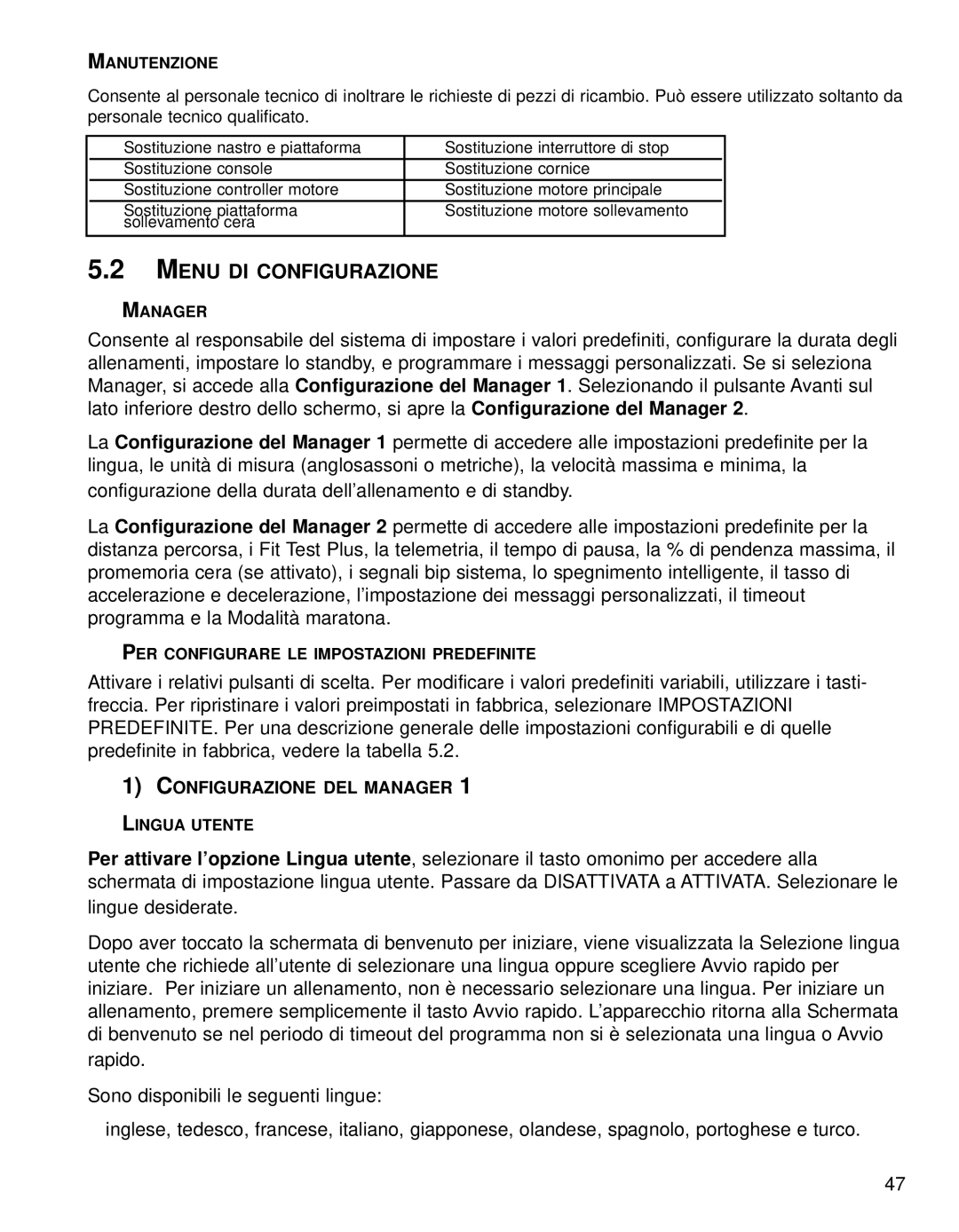 Life Fitness 95TE manual Menu DI Configurazione, Configurazione DEL Manager, Manutenzione, Lingua Utente 