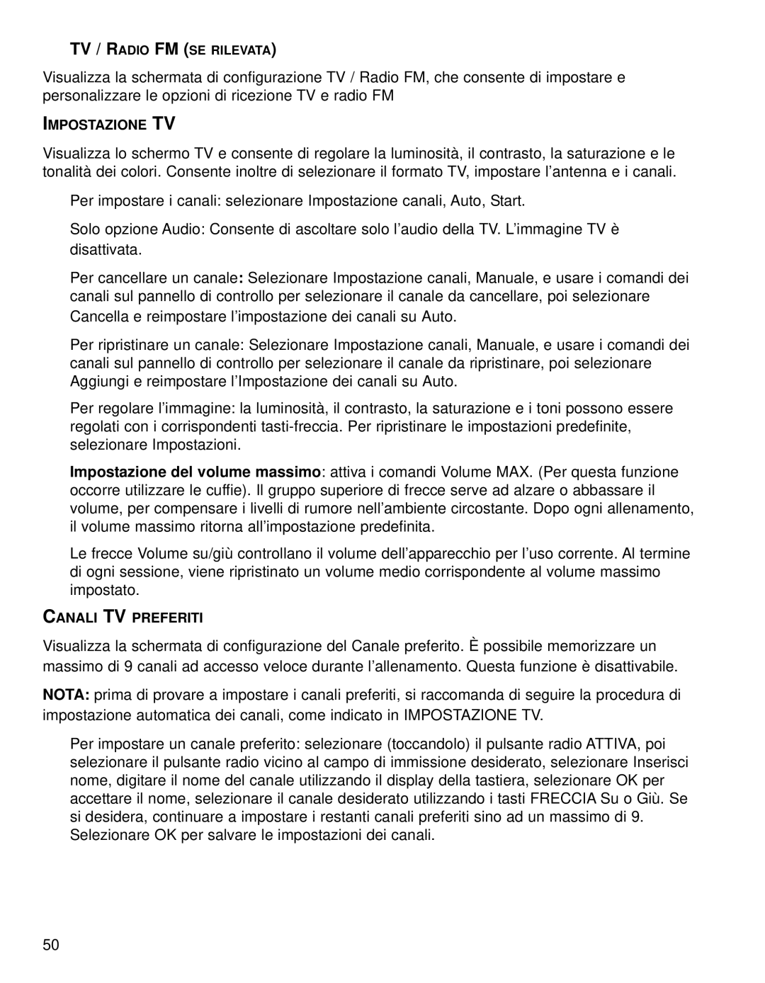 Life Fitness 95TE manual Impostazione TV, Canali TV Preferiti, TV / Radio FM SE Rilevata 