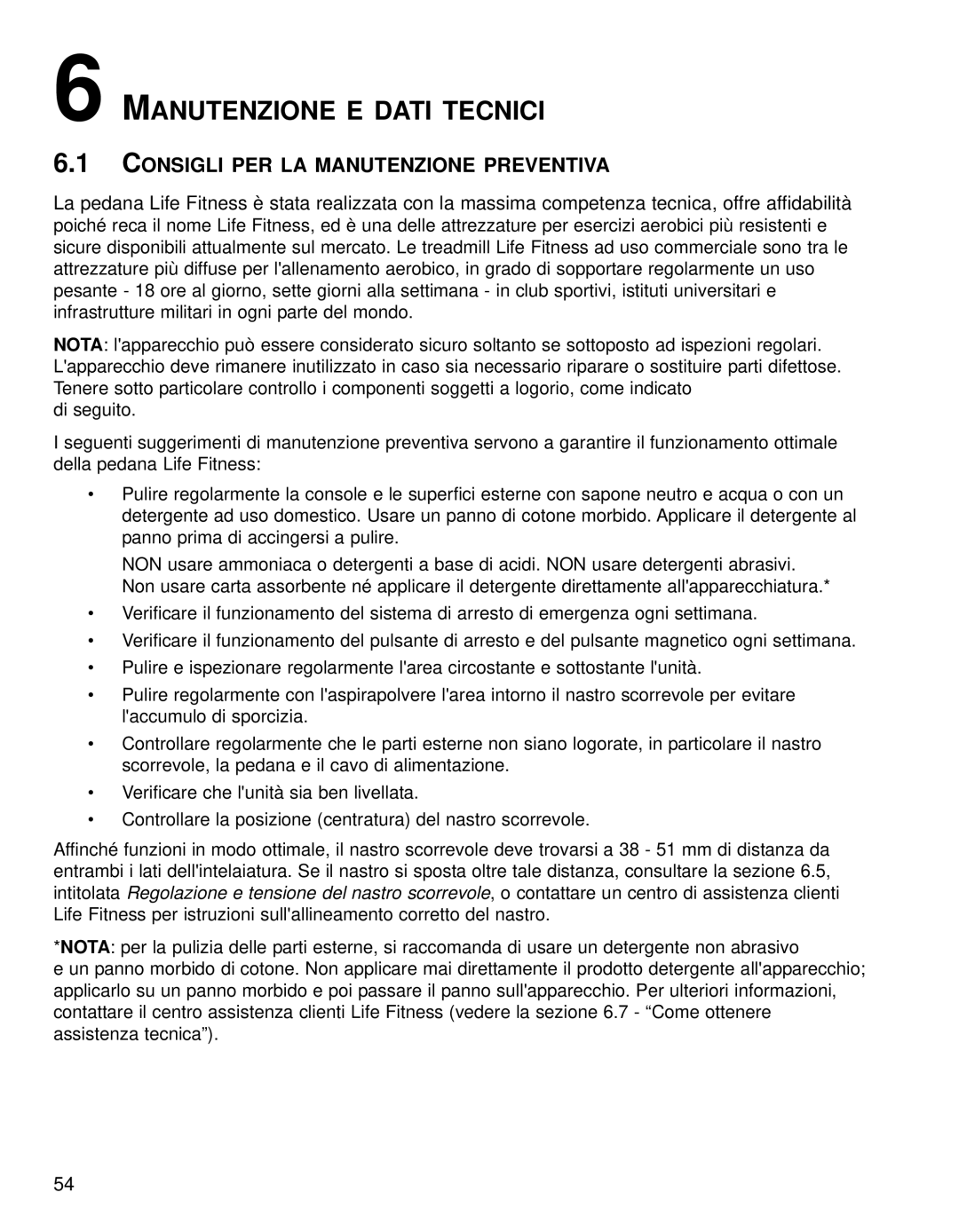 Life Fitness 95TE manual Manutenzione E Dati Tecnici, Consigli PER LA Manutenzione Preventiva 