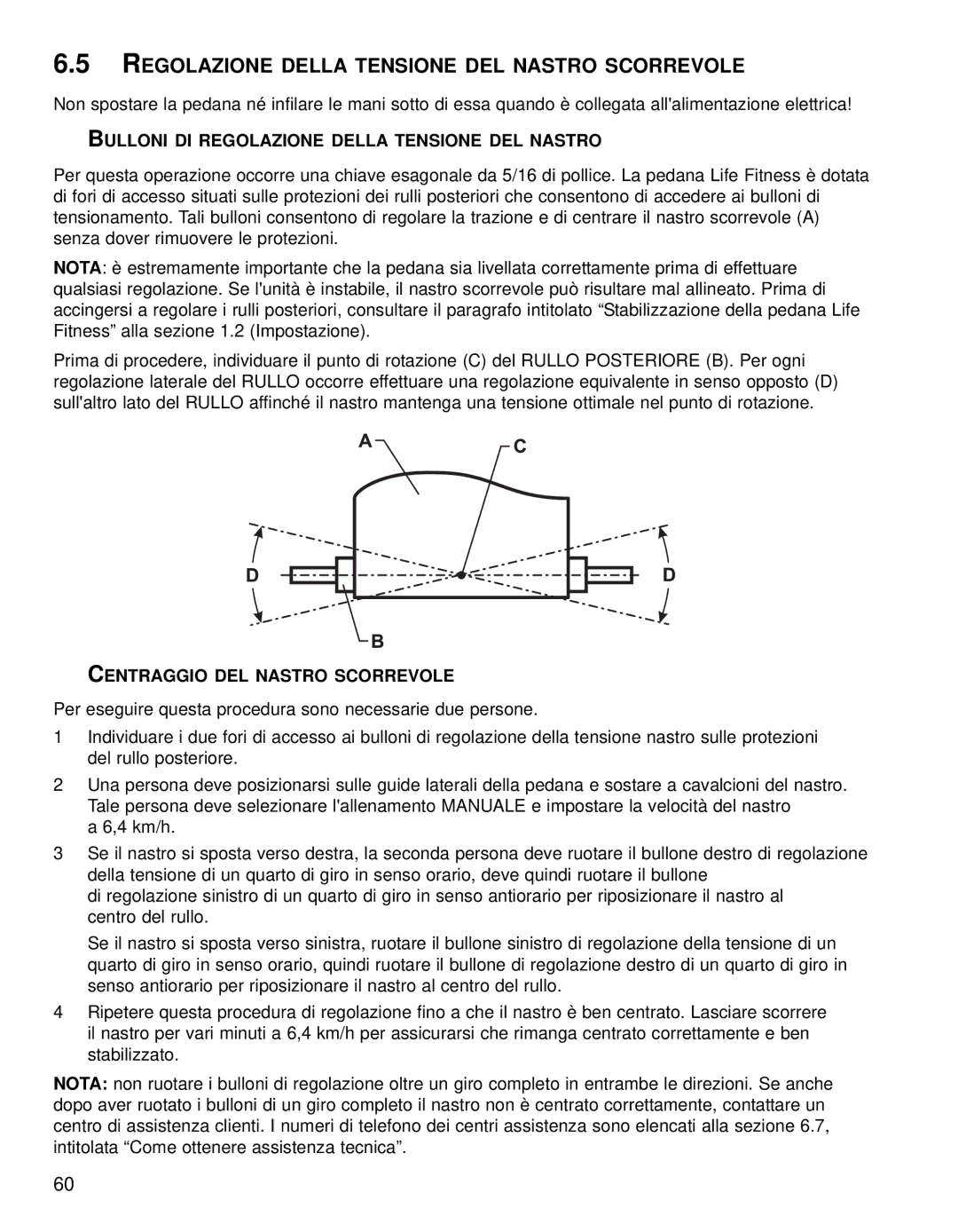 Life Fitness 95TE manual Regolazione Della Tensione DEL Nastro Scorrevole, Bulloni DI Regolazione Della Tensione DEL Nastro 