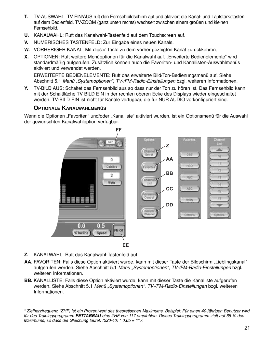 Life Fitness 95TE manual Optionale Kanalwahlmenüs 