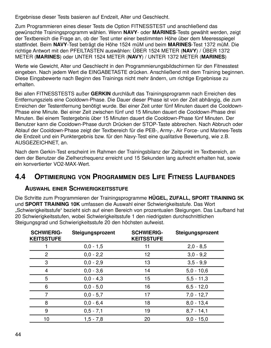 Life Fitness 95TE manual Optimierung VON Programmen DES Life Fitness Laufbandes, Auswahl Einer Schwierigkeitsstufe 