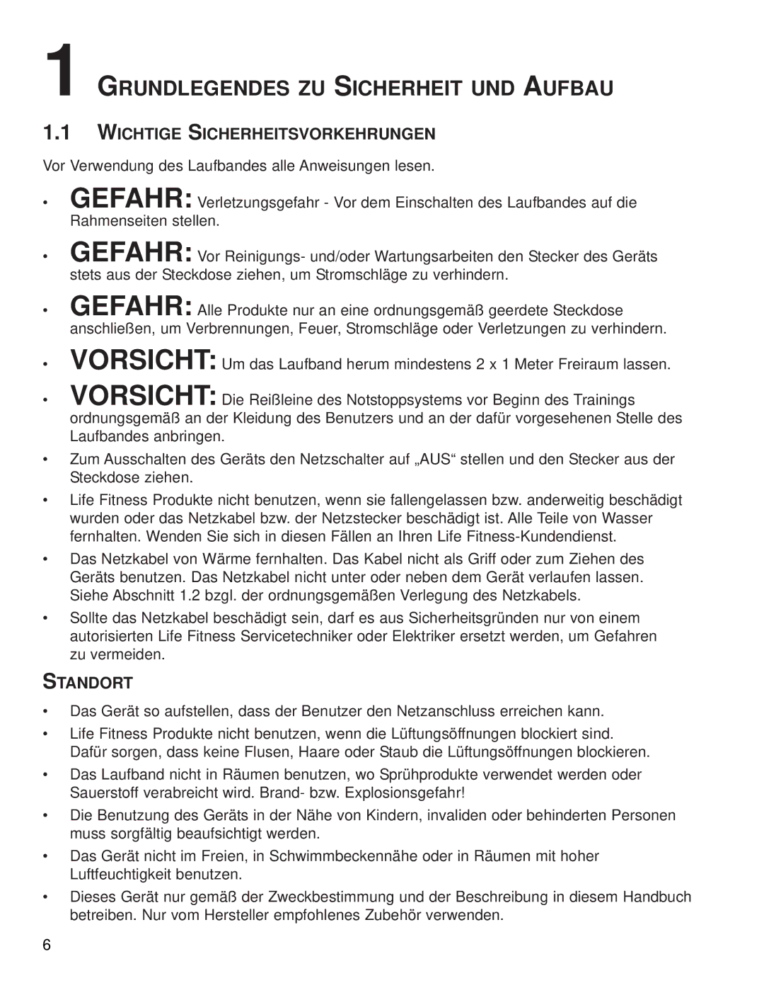 Life Fitness 95TE manual Grundlegendes ZU Sicherheit UND Aufbau, Wichtige Sicherheitsvorkehrungen, Standort 