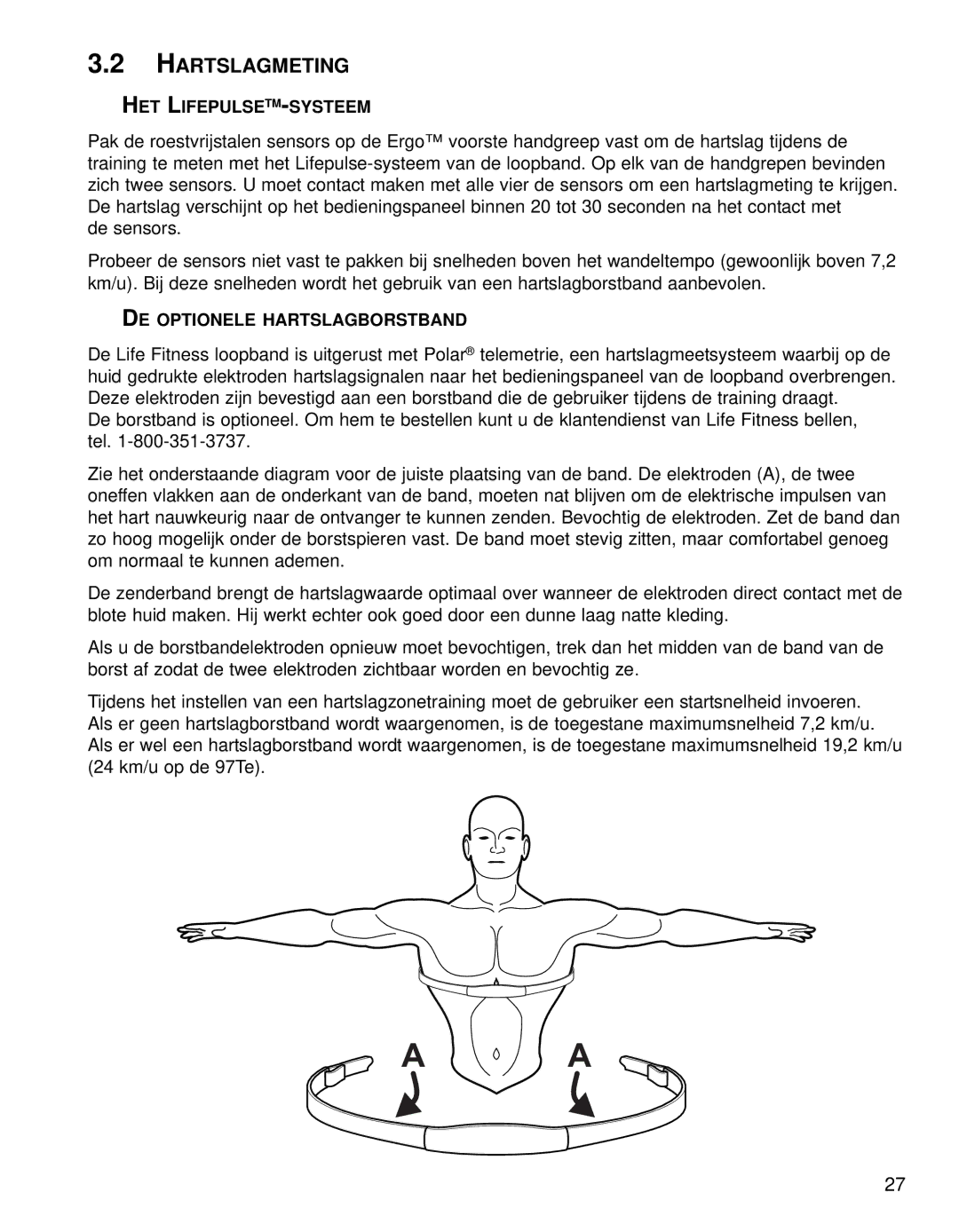 Life Fitness 95TE manual Hartslagmeting, Het Lifepulsetm-Systeem, DE Optionele Hartslagborstband 