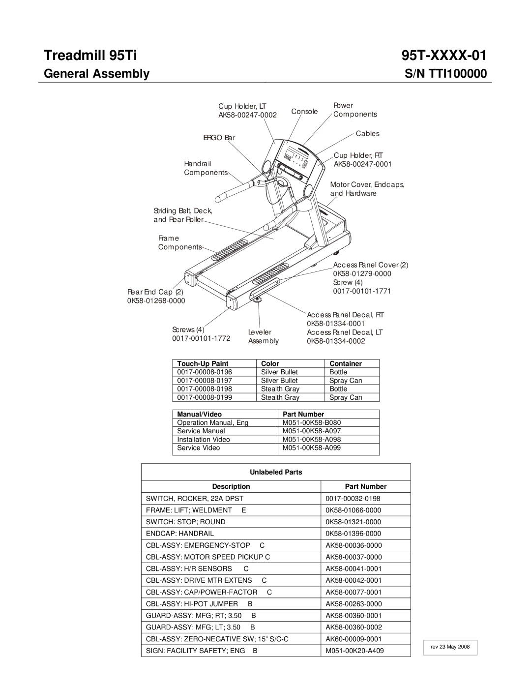 Life Fitness 95TI operation manual Treadmill 95Ti 95T-XXXX-01, General Assembly 