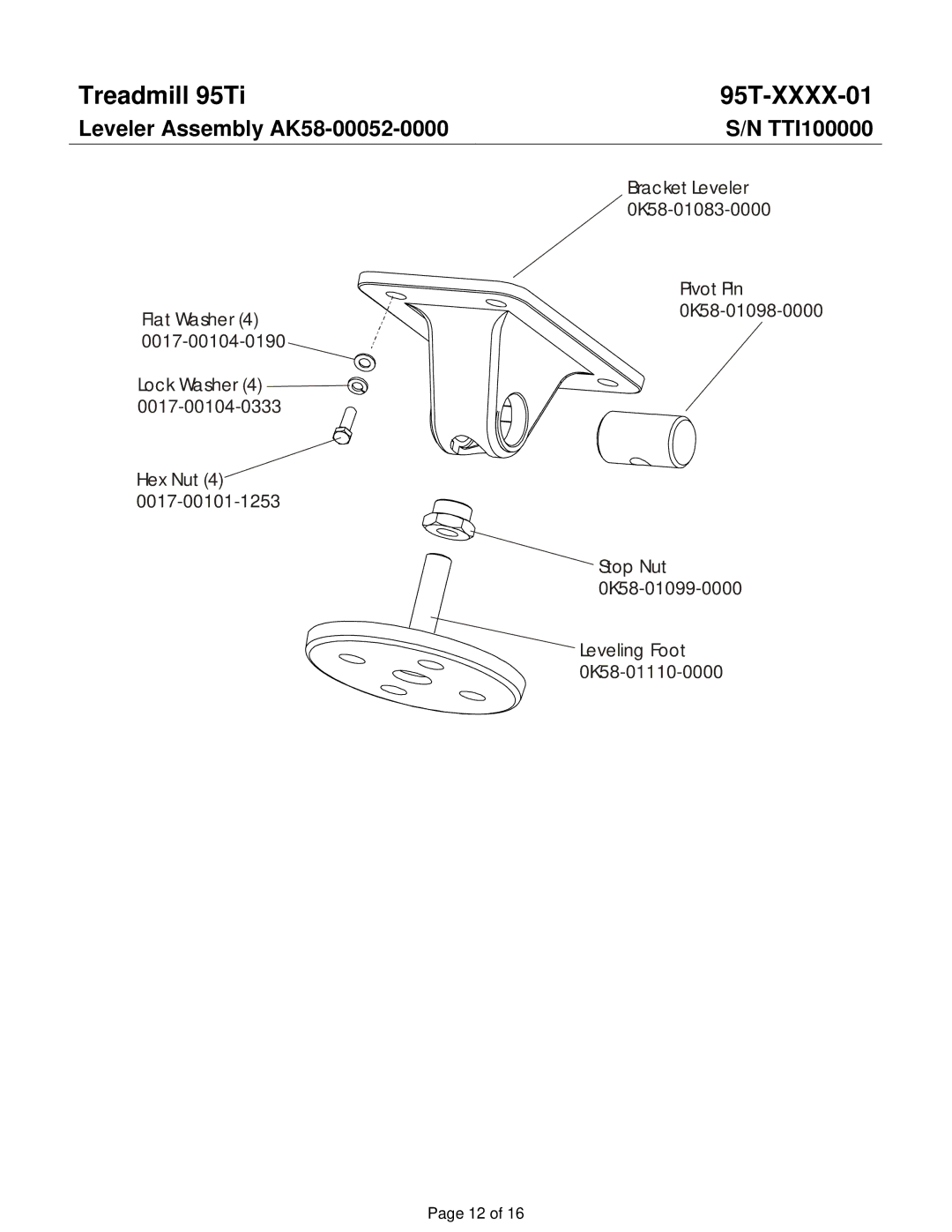 Life Fitness 95TI operation manual Leveler Assembly AK58-00052-0000 TTI100000 