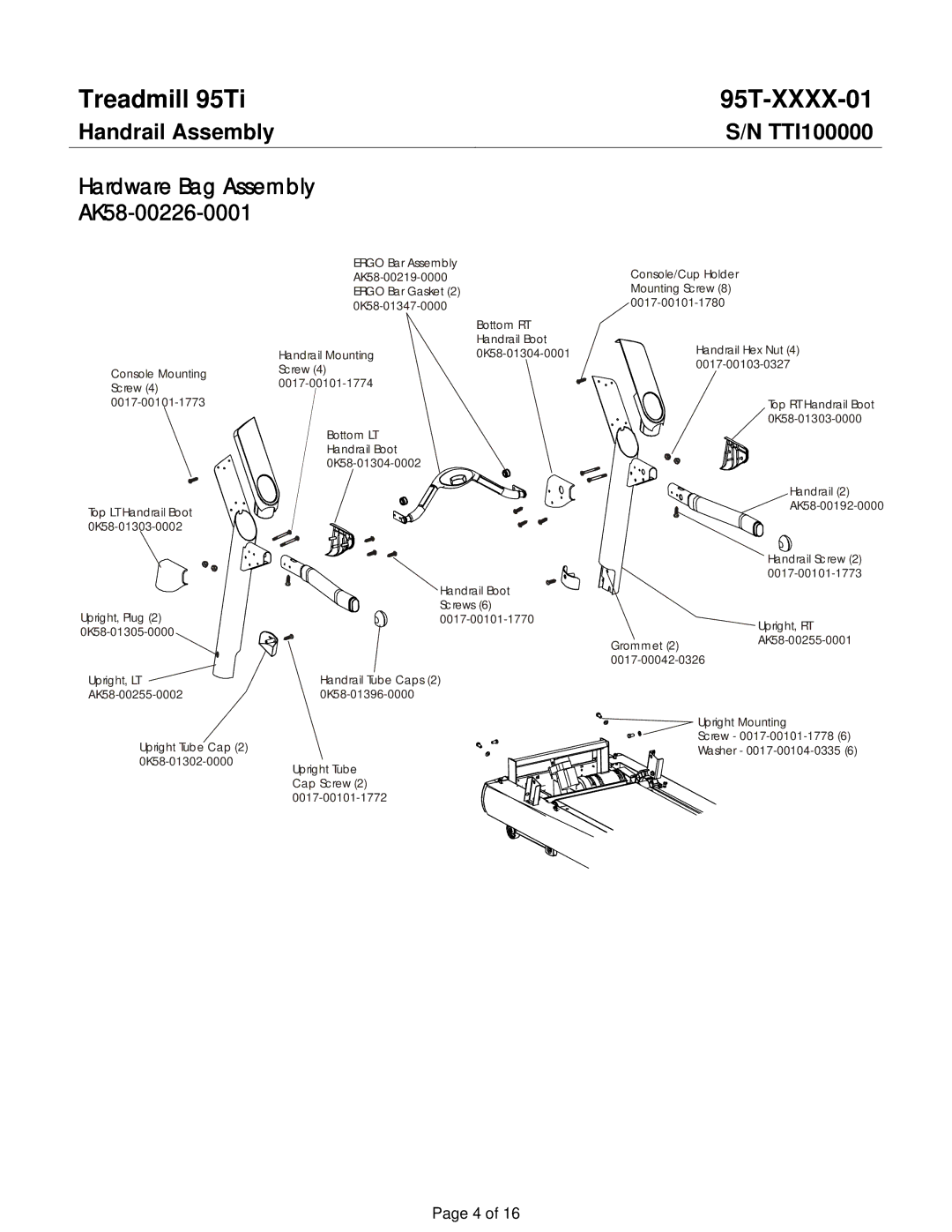 Life Fitness 95TI operation manual Handrail Assembly, Hardware Bag Assembly AK58-00226-0001 