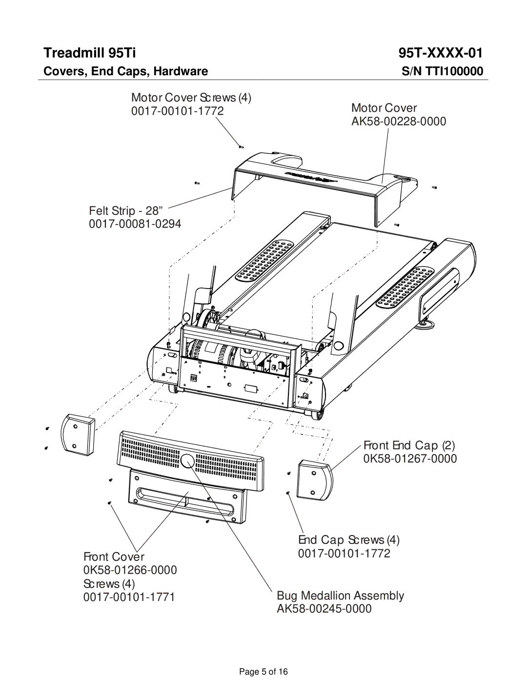 Life Fitness 95TI operation manual Treadmill 95Ti 95T-XXXX-01, Covers, End Caps, Hardware TTI100000 