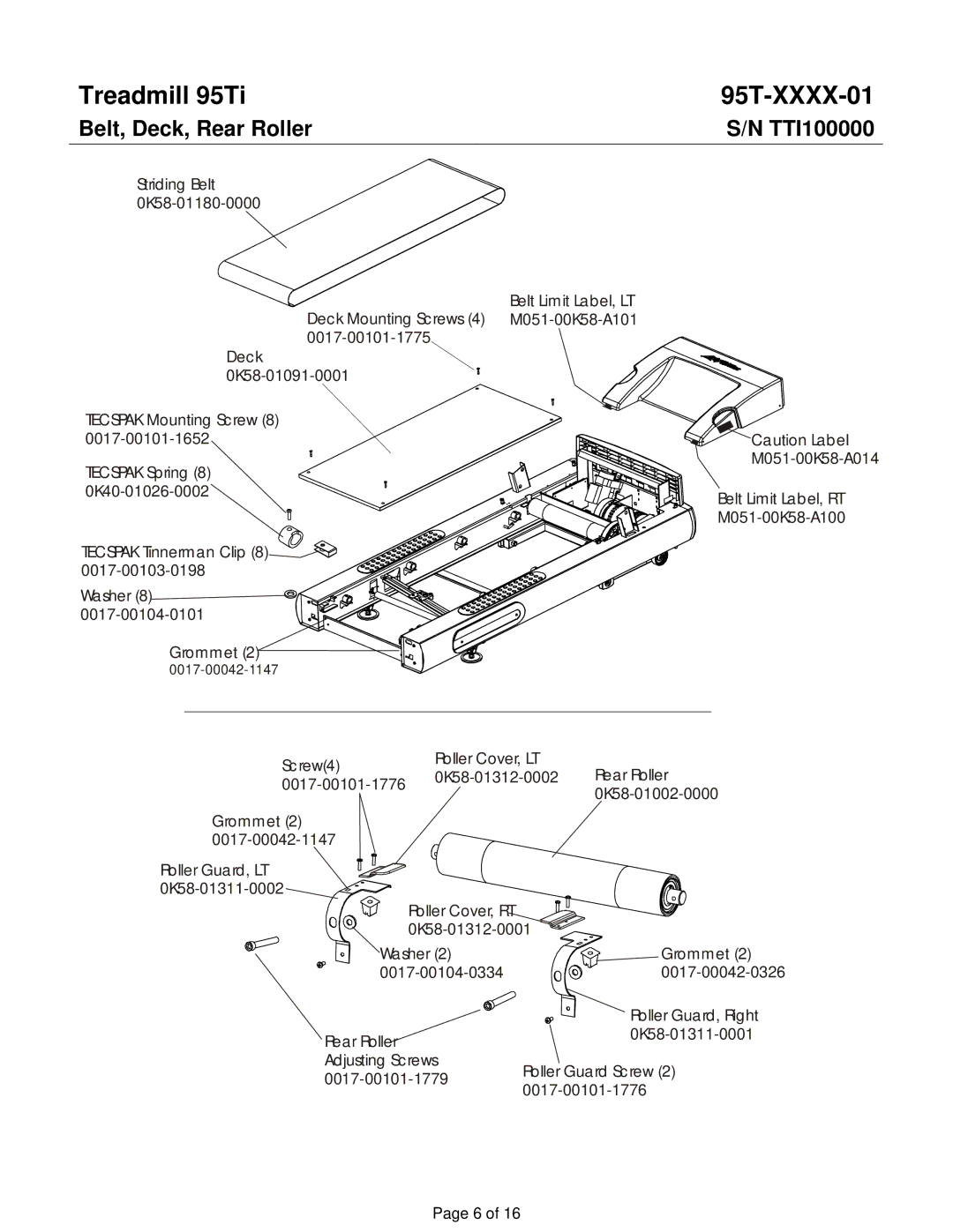 Life Fitness 95TI operation manual Belt, Deck, Rear Roller, TTI100000 