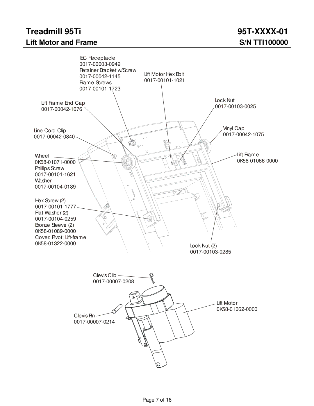 Life Fitness 95TI operation manual Lift Motor and Frame 