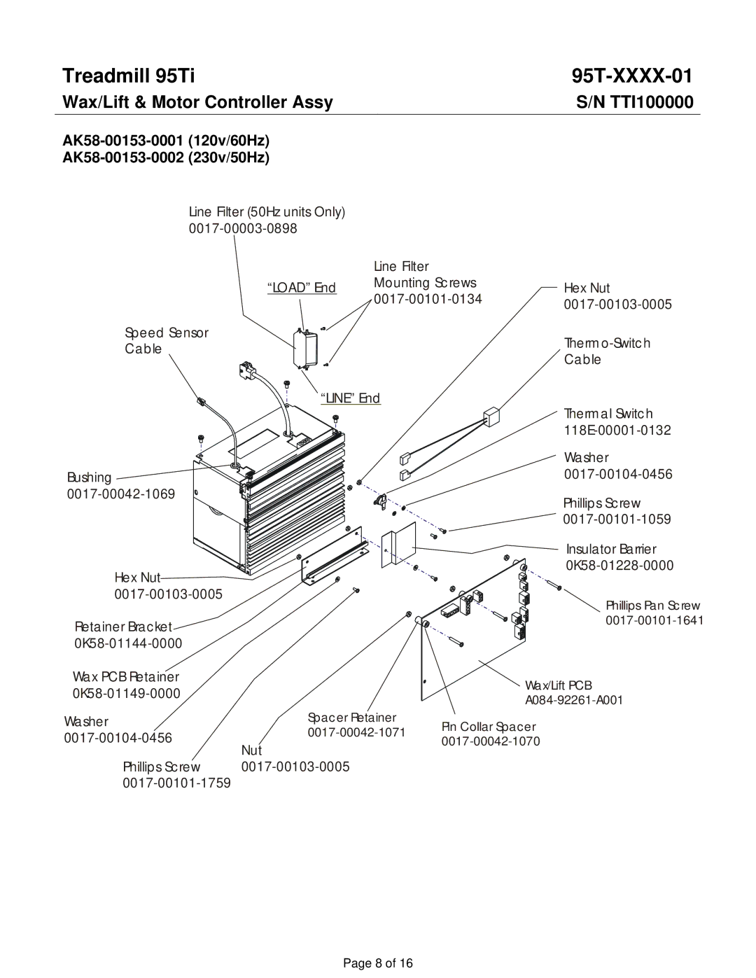 Life Fitness 95TI operation manual Wax/Lift & Motor Controller Assy, AK58-00153-0001 120v/60Hz AK58-00153-0002 230v/50Hz 