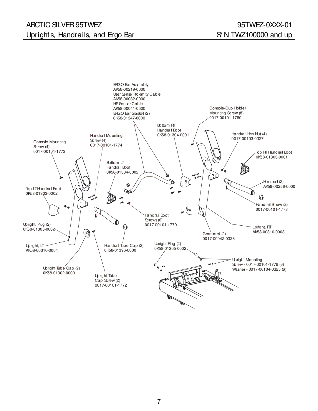 Life Fitness 95TWEZ manual Uprights, Handrails, and Ergo Bar 