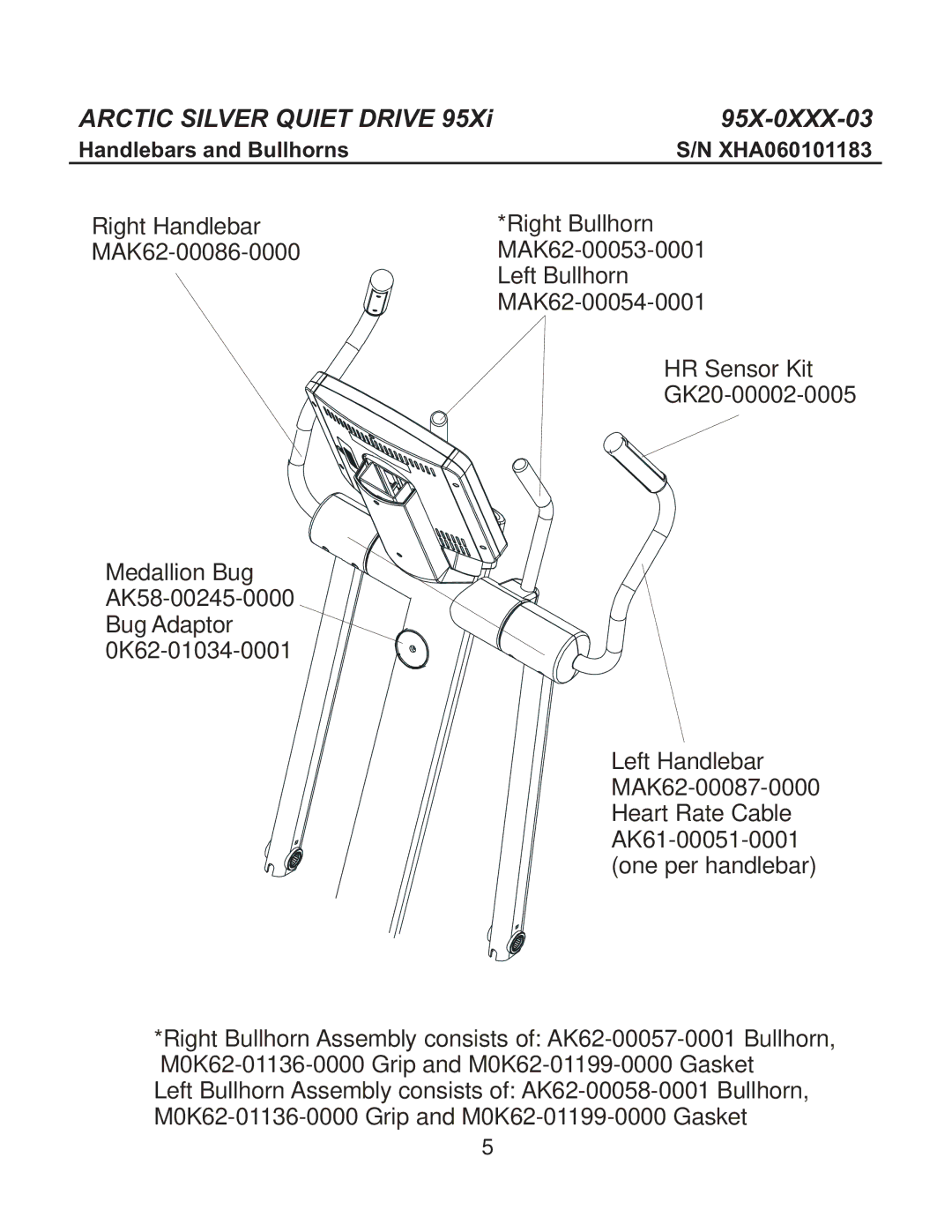 Life Fitness 95X-0XX-03 manual Handlebars and Bullhorns XHA060101183 