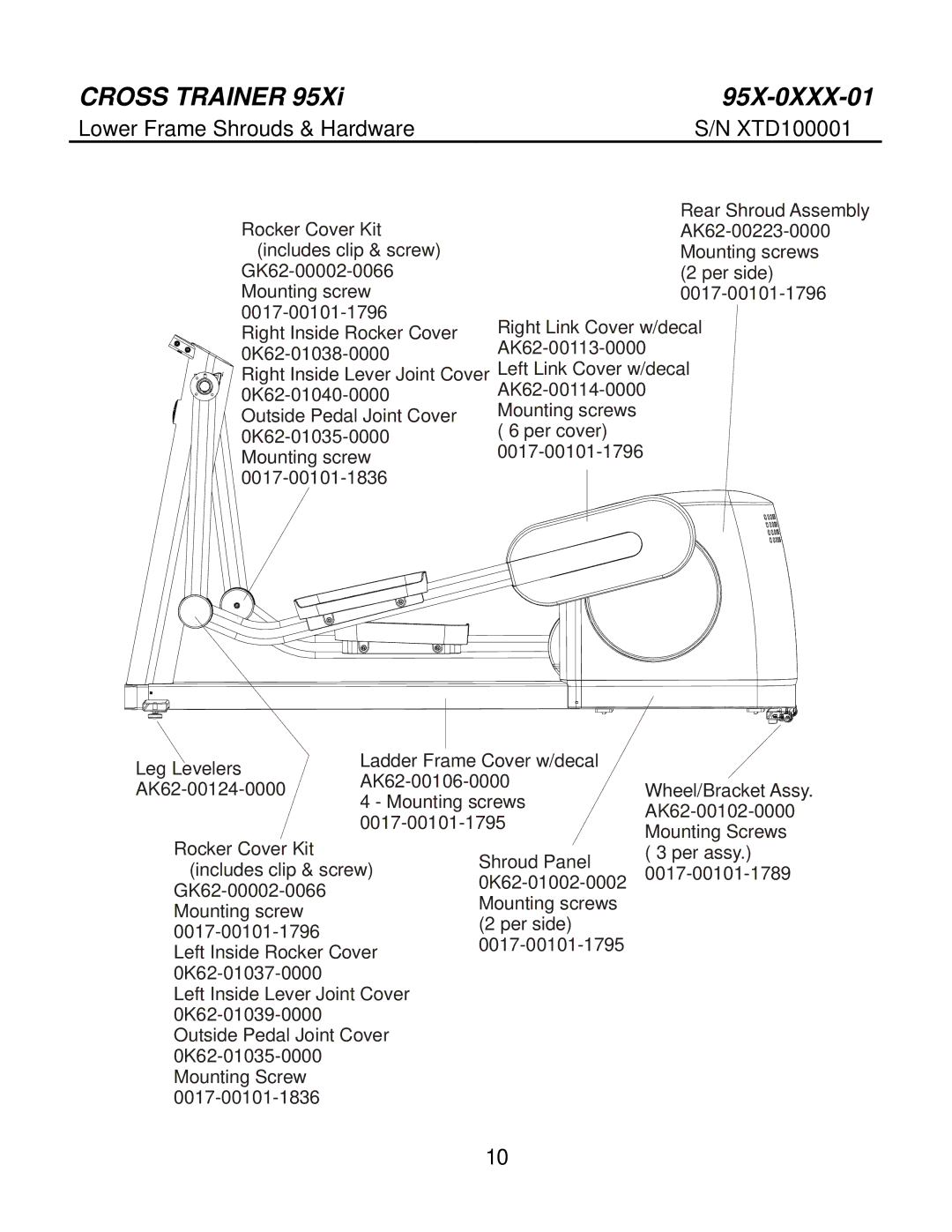 Life Fitness 95X-0XXX-01 manual Lower Frame Shrouds & Hardware, XTD100001 