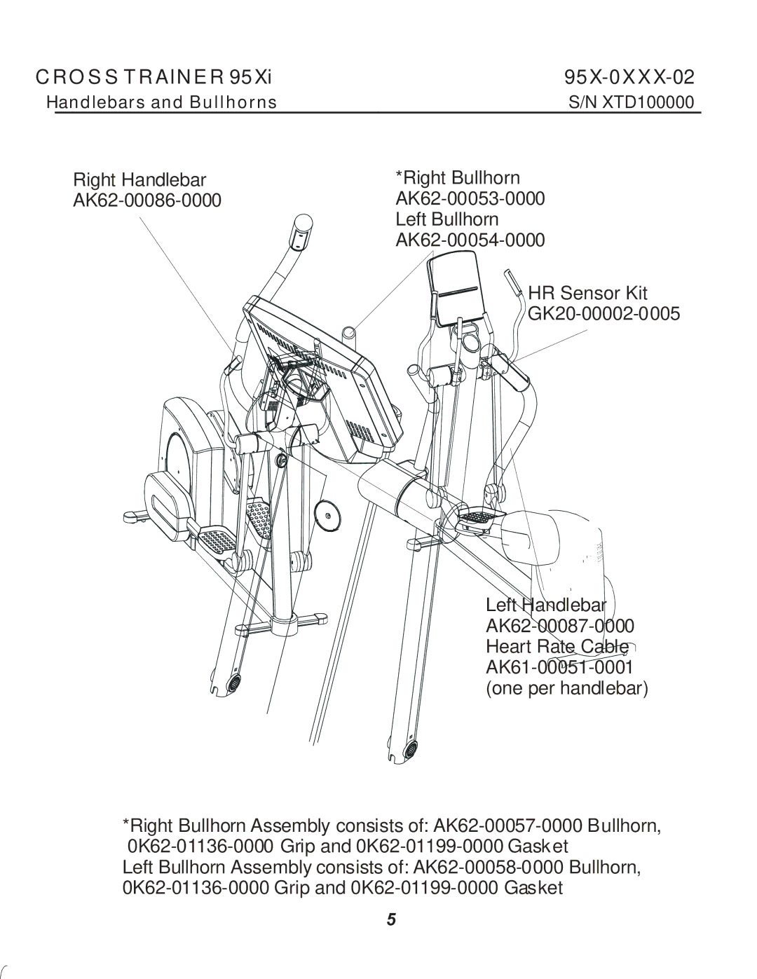 Life Fitness 95X-0XXX-02 manual Right Handlebar AK62-00086-0000 